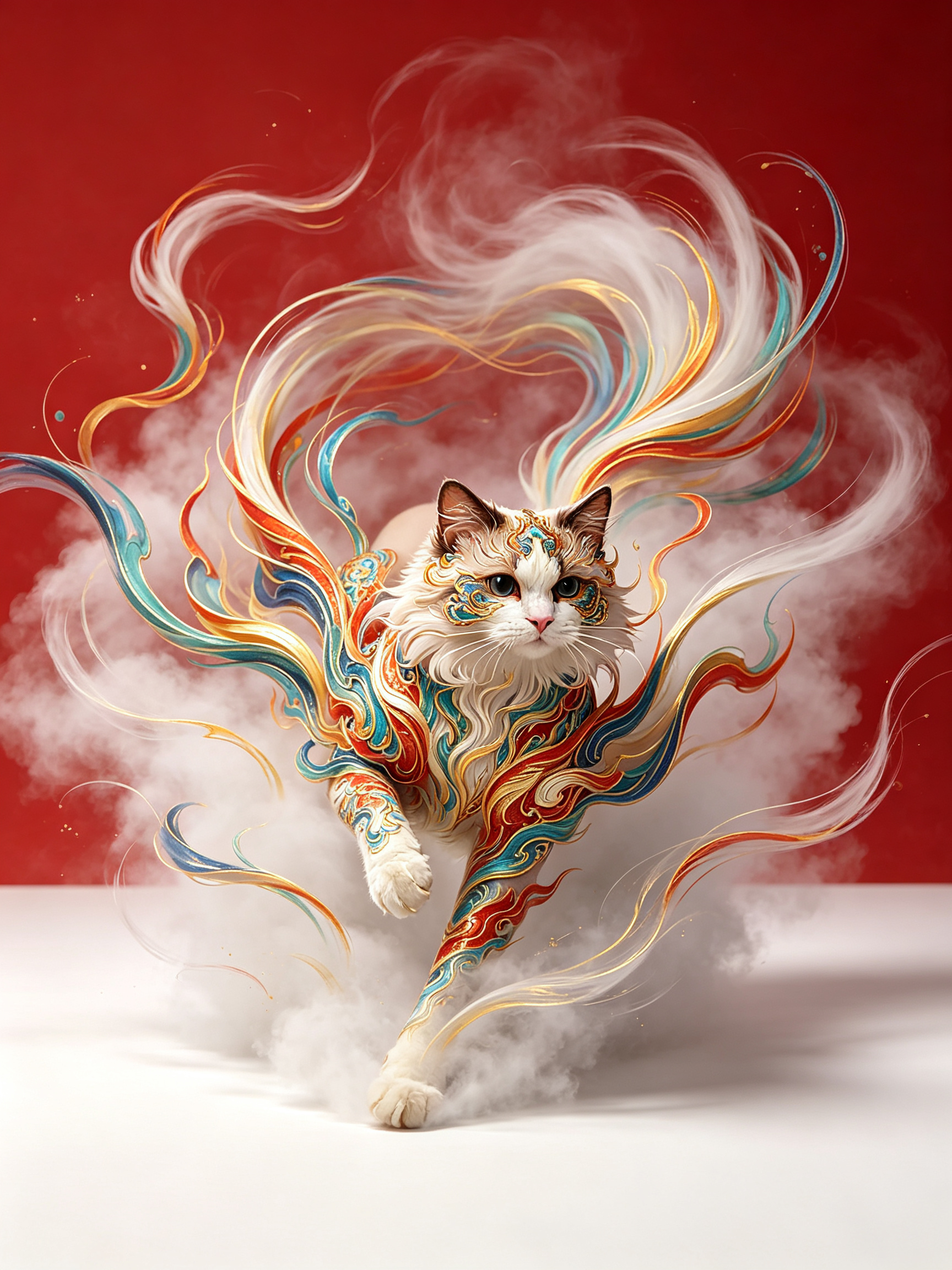 ##cg插画，珐琅彩猫神兽，无尾。浓密绵长的彩绘线条环绕神兽，向后飘舞、流动，拉出残影，端庄、优雅、大气，大师级构图，细腻，泼白墨大笔触，色彩渲染，红底，底部留白，细节清晰，高分辨率。超广角强透视构图，张力十足，压迫感… - AI提示词参考图，来自西西提示词