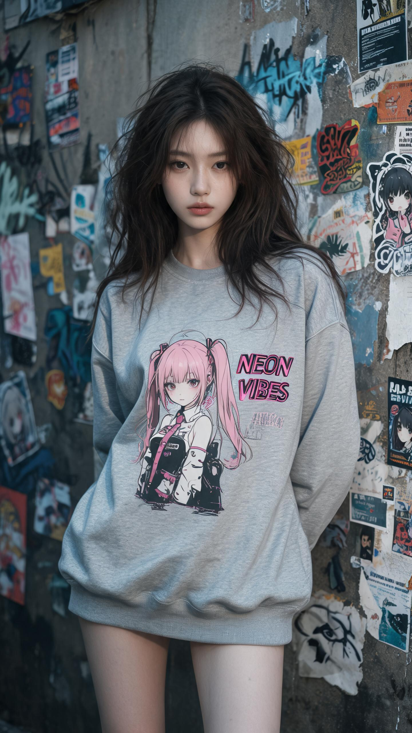 主体+服饰：街头二次元少女写实肖像，东方年轻女性，冷白皮细腻肌理，深棕凌乱长发，身着灰色oversize二次元印花卫衣（印动漫少女图案+粉黑英文字体），下装失踪穿搭，双手背身姿态 场景+环境：街头贴画墙背景，斑驳水泥墙… - AI提示词参考图，来自西西提示词