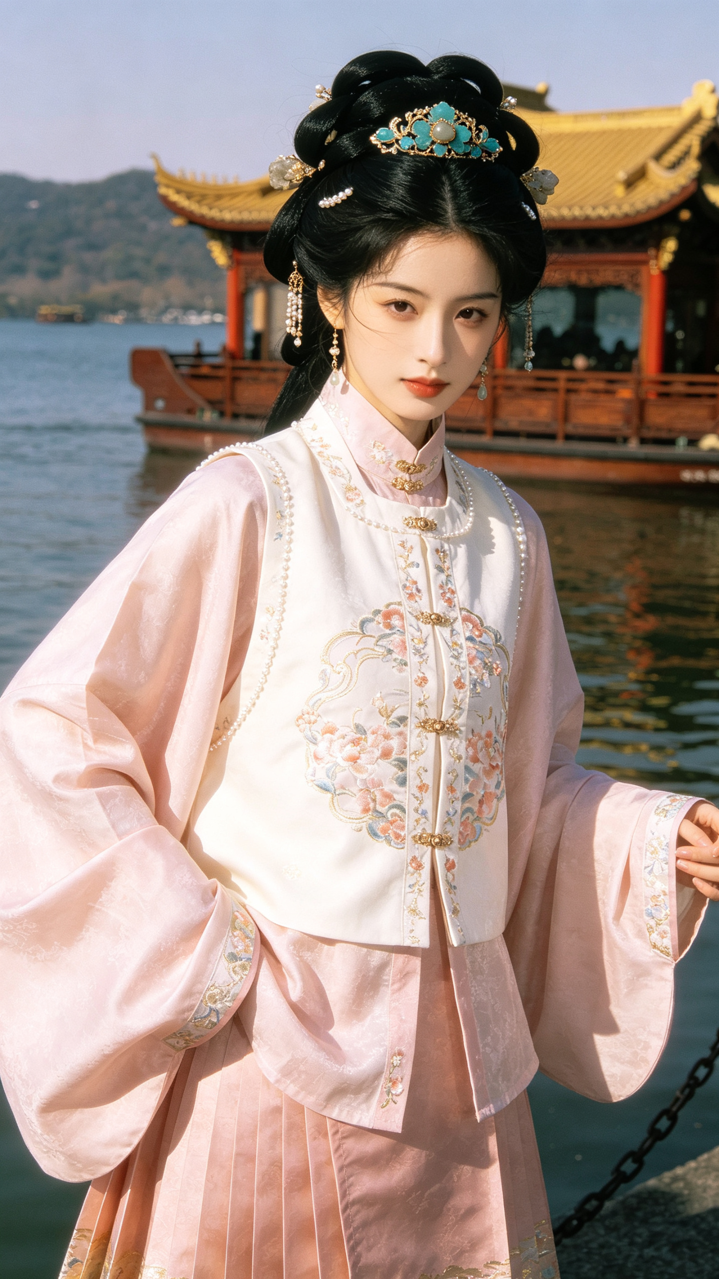 胶片摄影，镜头语言，淡彩，个性视角，美人，米白色浅粉色面料，明制汉服，短上衣，服饰华丽，细节装饰，对襟，马甲，乌黑全盘高发髻，乌黑盘发配点翠玉石头冠，细节丰富，光线明暗交接，高对比度，高颜值，光，层次丰富，朦胧美学，光… - AI提示词参考图，来自西西提示词
