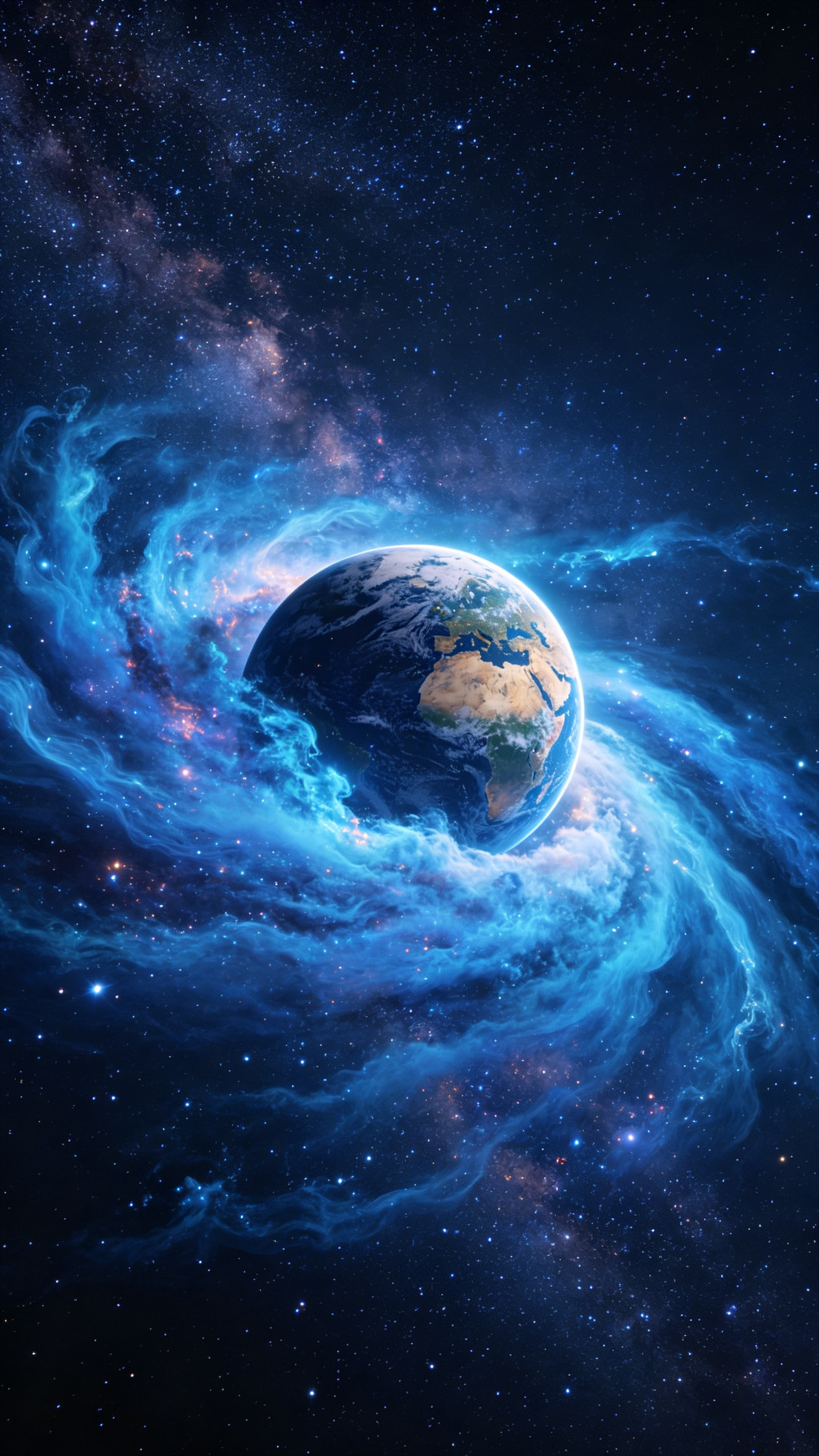 在浩瀚的银河系中，一颗巨大的行星被绚丽的蓝色星云所环绕，星云呈现出弥漫且漩涡状的形态，如梦如幻 - AI提示词参考图，来自西西提示词