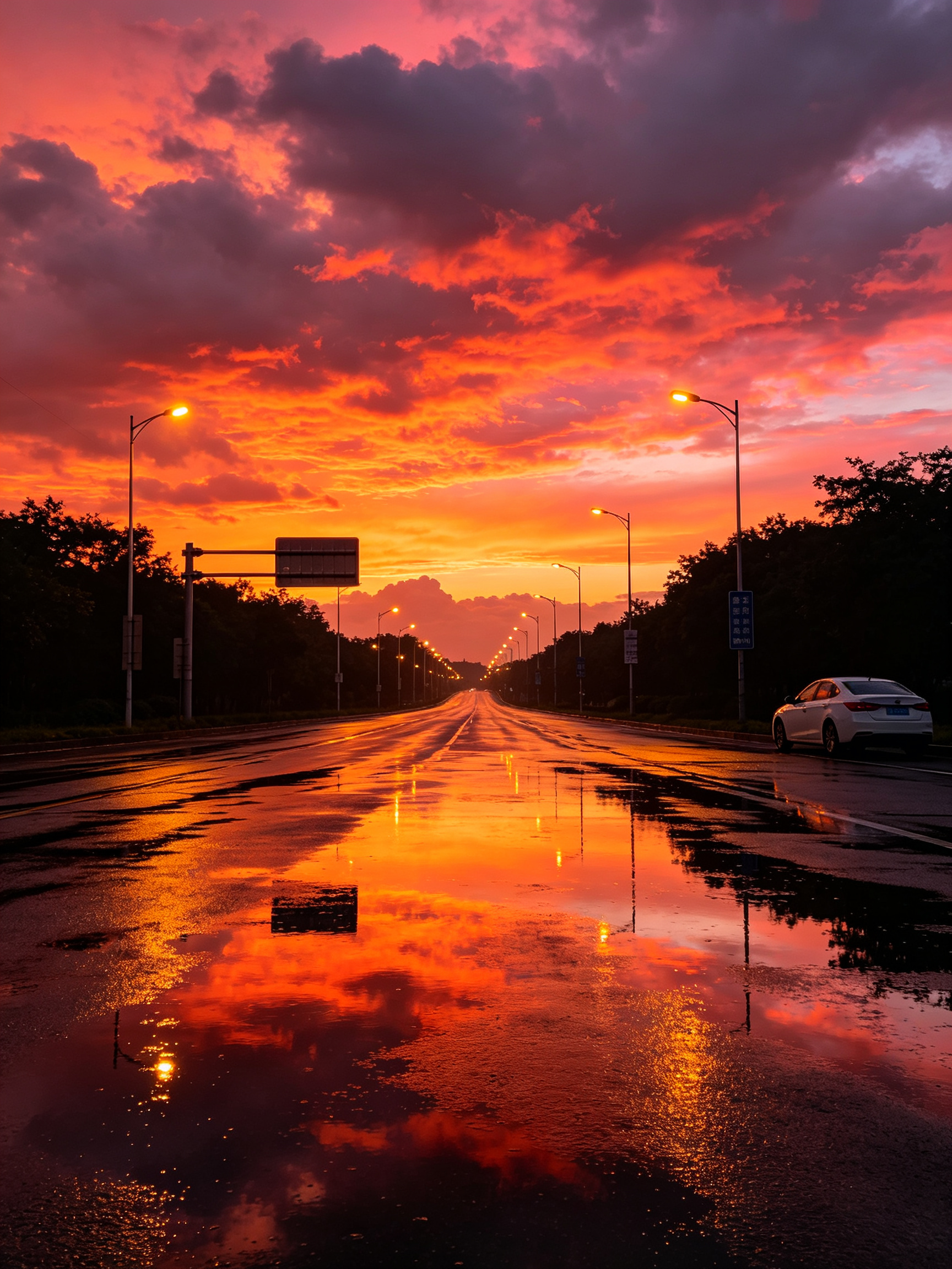 雨后城市公路黄昏写实摄影，漫天浓烈火烧云，天空渐变橘红橙粉霞光，厚重层次云层；湿漉漉沥青路面大面积积水镜面反射整片晚霞、路灯与树影，道路向远方延伸纵深感强；路边点亮暖光路灯、交通路牌、深色树木剪影，右侧停白色小轿车；胶… - AI提示词参考图，来自西西提示词