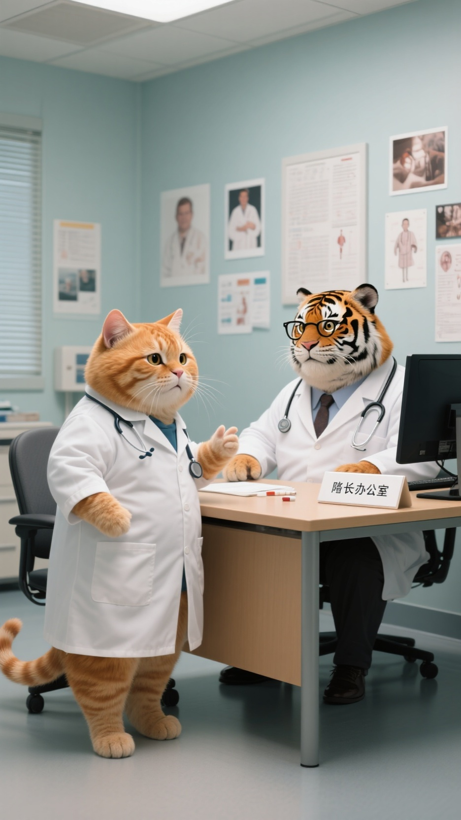 胖橘猫和胖老虎院长在医院办公室的场景。具体地，主体是一只穿白色医生服的胖橘猫，站在一张办公桌前，看起来像是在对坐在它对面办公桌旁的院长说话。办公桌上放着电脑，旁边放着一个写着院长办公室的名牌放在桌子上，这只猫的表情显得… - AI提示词参考图，来自西西提示词