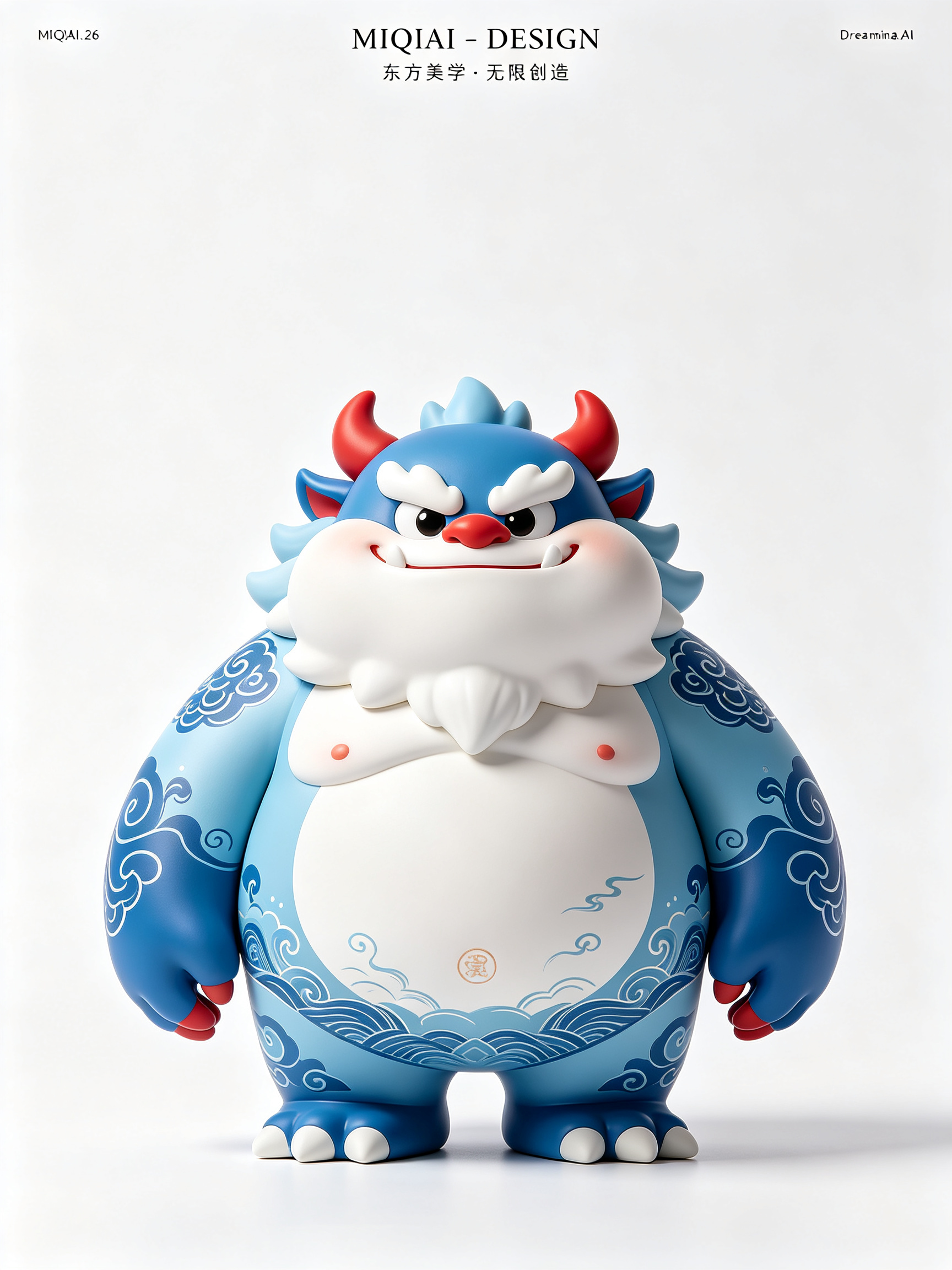 高精度3D渲染，新中式设计师玩具Art Toy风格，皮克斯角色神秘巅峰主题，角色体型圆润敦实，姿态威风凛凛，艺术梦幻蓝+白+红配色，平面设计极简主义，居中构图大量留白，简洁明亮纯白色背景，画面仅有部分为拍扁挤压的3D凸… - AI提示词参考图，来自西西提示词