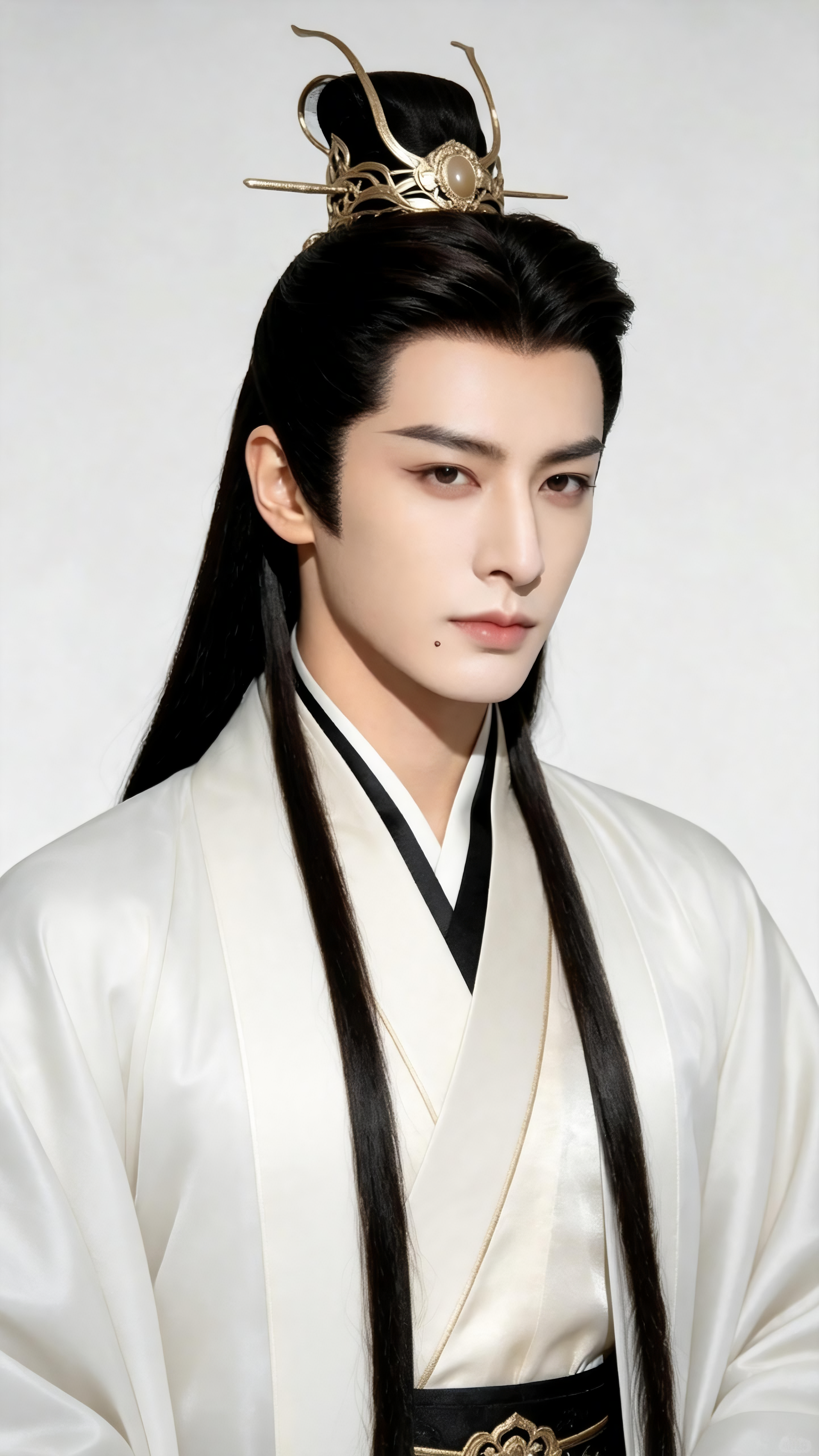##古风美男半身像，长鹅蛋脸，剑眉微疏，细长丹凤眼，眼尾微微上翘，直鼻微翘，薄厚适中的清冷淡唇，自然白皙肤质，唇边痣。身穿王侯贵公子服饰，纯色背景。 - AI提示词参考图，来自西西提示词