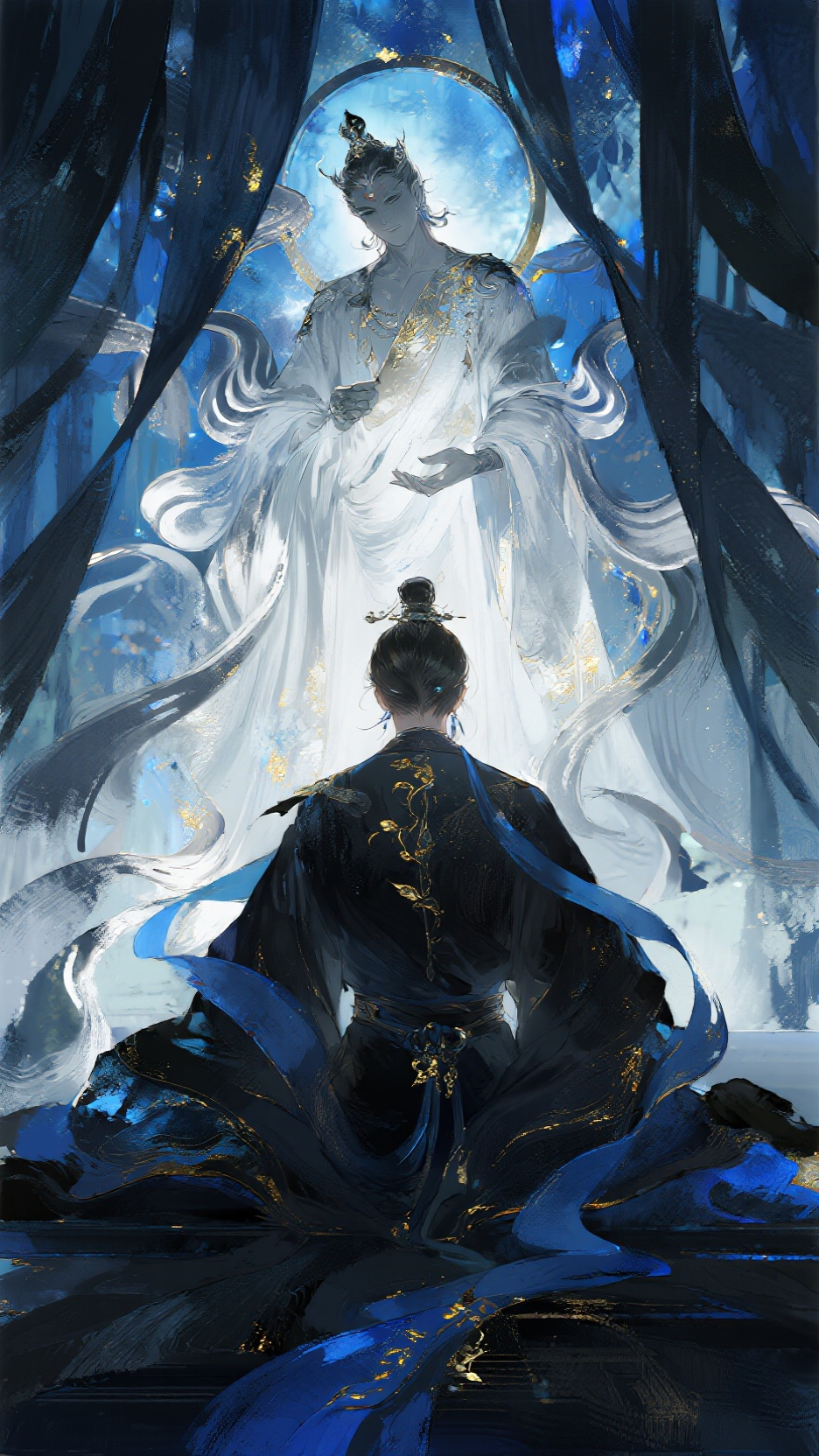 以超现实主义和动漫风的水粉插画为视觉风格，是国风动漫柔软流畅且超高细节的风格。画面通过晕染厚涂和动态构图，描绘了古典神话中一场神秘的仪式。色调选用深蓝色黑色系结合金箔岩彩，运用写意表现手法，搭配流体笔触做大面积淡彩晕染… - AI提示词参考图，来自西西提示词