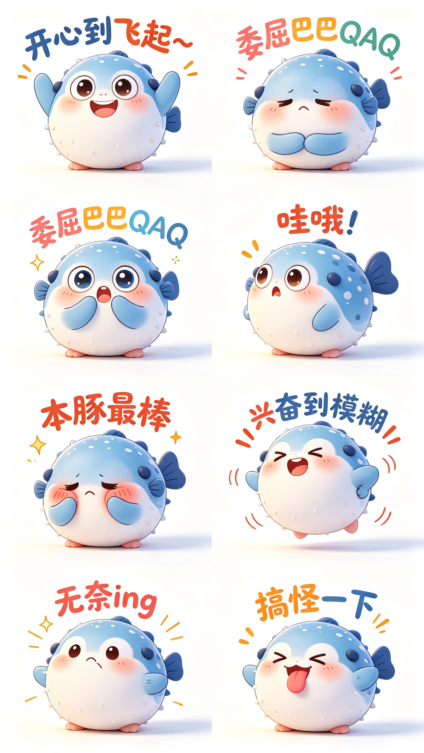 根据图片内容,生成8宫格分镜构图设计表情包,全新有趣夸张3DIPQQ疑人化表情包,一系列可爱风格的“河豚萌宠” 3DIPQQ表情,以大头为主,白色背景,西蒙斯塔伦海格插图风格,明亮的马卡龙配色和丰富的主题元素,设计姿势… - AI prompt reference from CC Prompt Galaxy