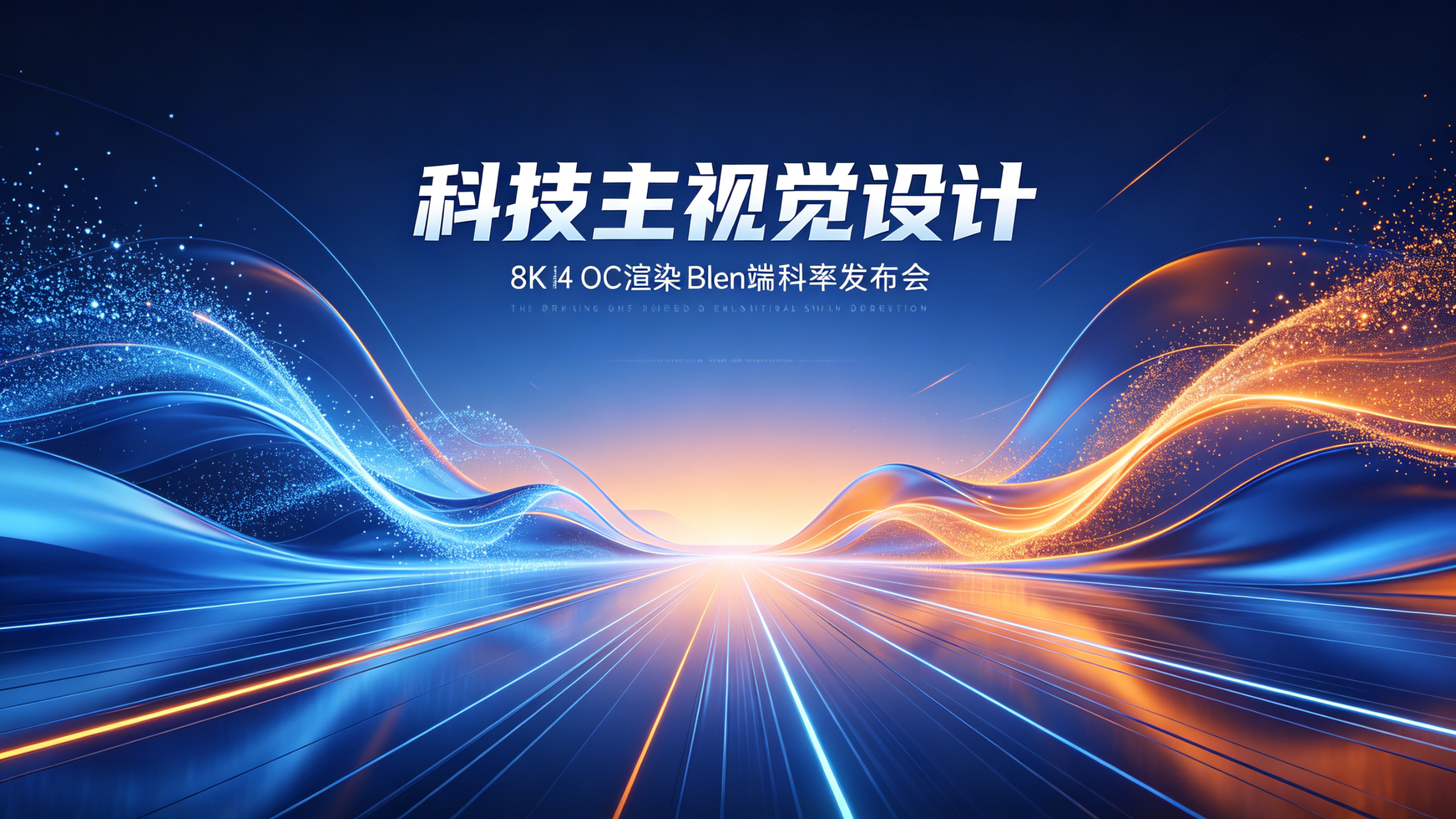 视觉元素：背景采用蓝橙系渐变的科技感配色，蓝色为主，搭配流线型的光效设计，（左右结构）如粒子般流动闪烁。整体呈现未来科技感与前卫感，适用于高端科技发布会主视觉，8K分辨率，高级感，OC 渲染，Blender，C4D，超… - AI提示词参考图，来自西西提示词