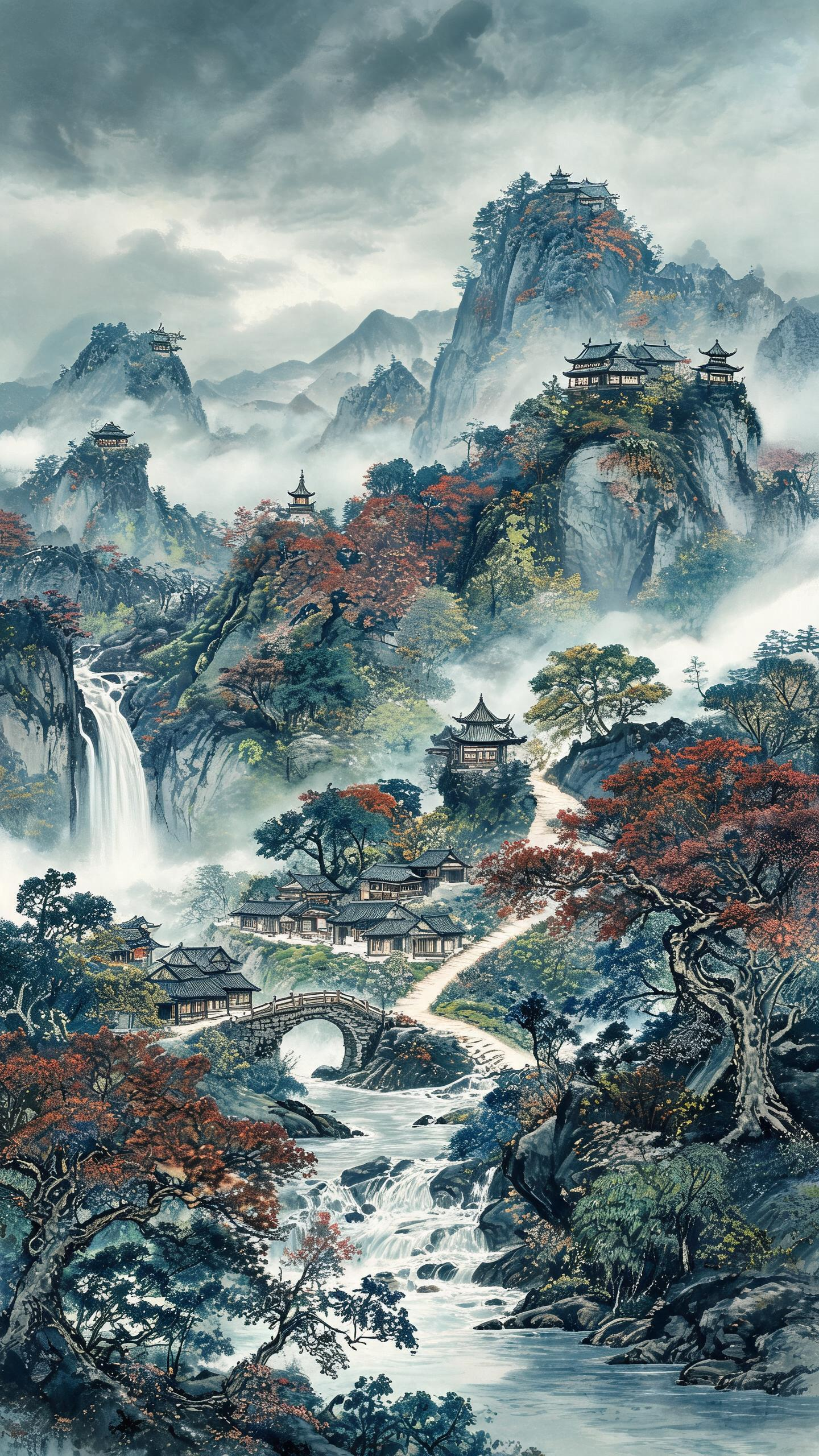 用八大山人的水墨画风格，工笔画，不对称构图，极繁主义，大气磅礴。以细腻的笔触。 初秋清晨，天色阴沉，崇山峻岭、悬崖峭壁，山体被树林覆盖，枝繁叶茂，漫山红叶，迷雾中重峦叠嶂的山脉，各式中式建筑分别坐落在各个山峰之上，雾气… - AI prompt reference from CC Prompt Galaxy