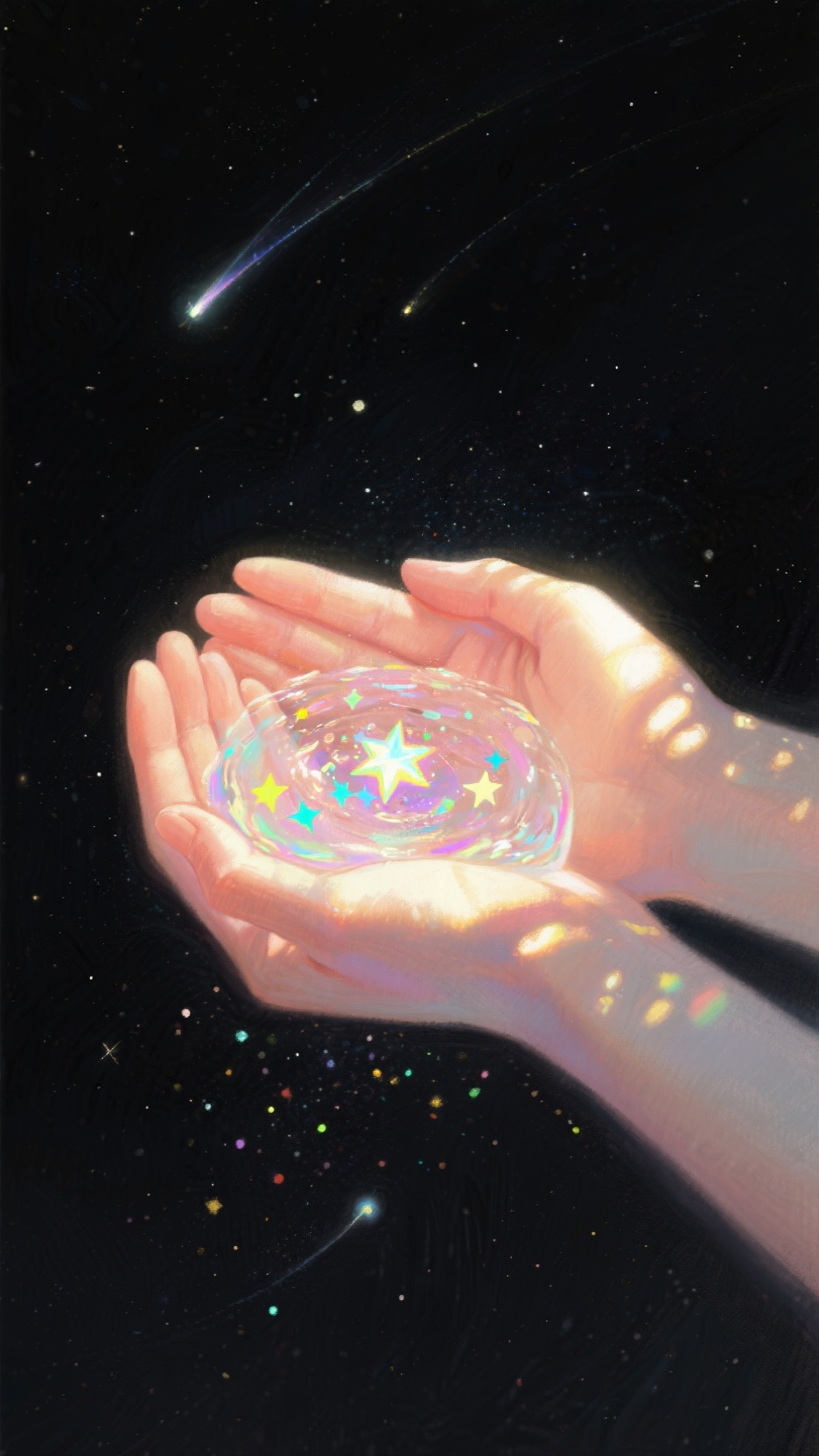 这是一幅艺术画作，画面主体是两只手捧起水，水中有星星点点，有彩色的光芒，手的肤色呈现出柔和的色调，光影效果显著。光在手上投射出光斑，营造出梦幻、迷离的氛围。背景为深色宇宙星星点点，有流星划过，与手部的光影形成强烈对比，… - AI提示词参考图，来自西西提示词
