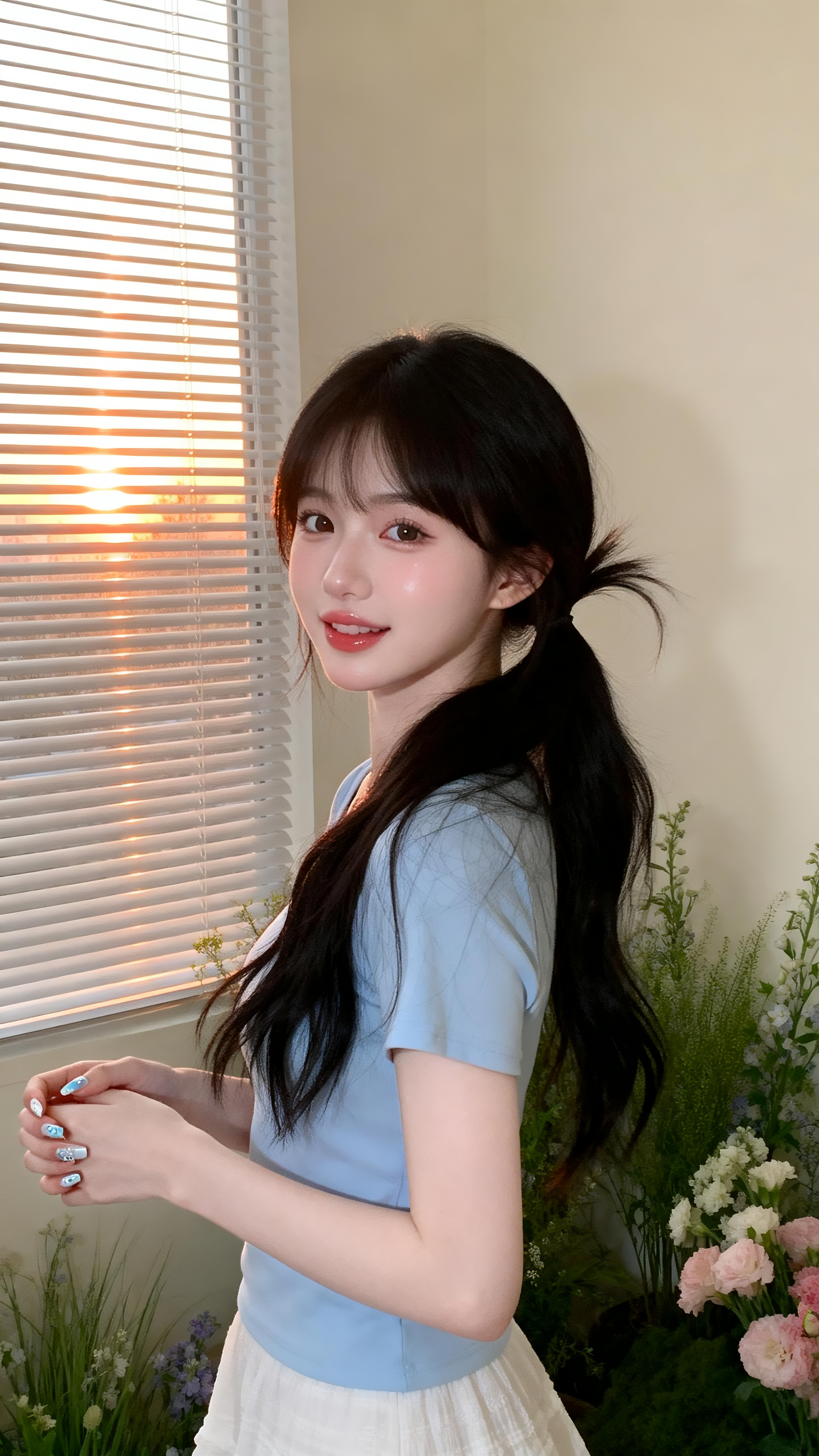 冷白皮甜美萌妹，高颜值，瓷白肌肤水润光泽，少女感网拍，网感妆容，精致五官，黑色长发扎起，发丝自然垂落，随意的穿搭，随意的可爱俏皮动作，精致美甲，身处室内场景（有百叶窗、浅色墙面，绿植，花卉，光线明显），随意的站着，姿态… - AI提示词参考图，来自西西提示词