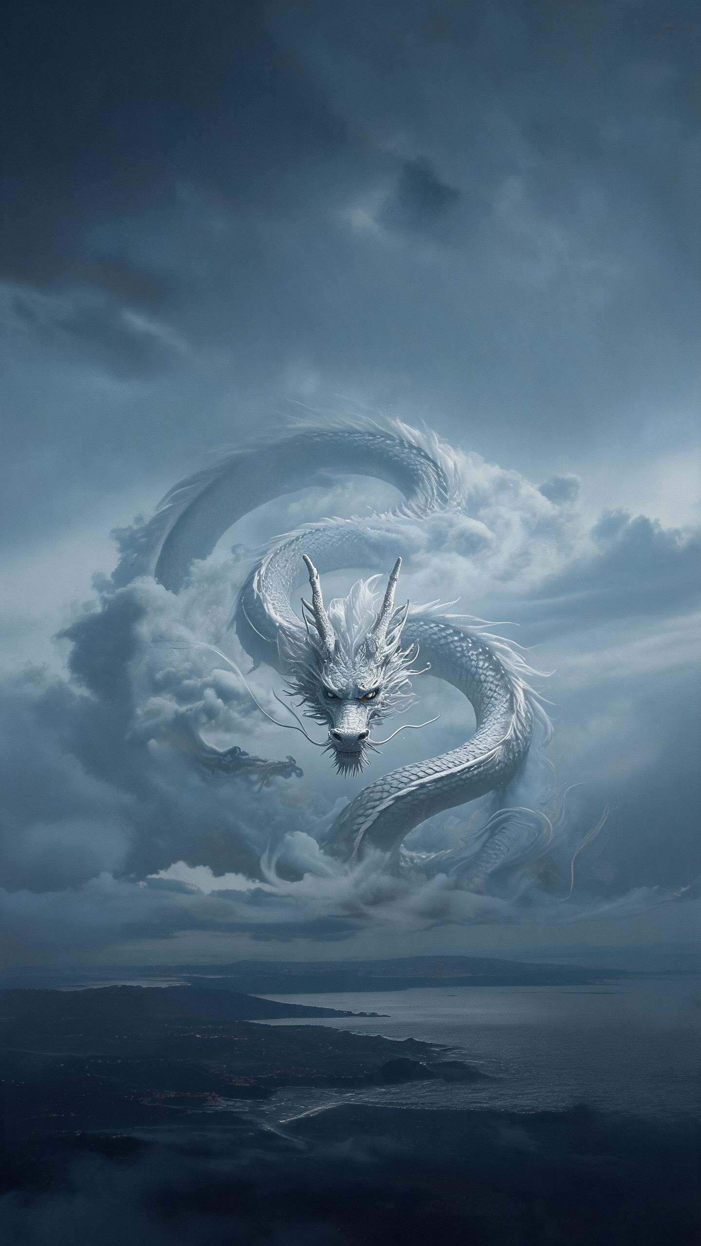 一条白龙在天空中游走，龙的身体成s行扭曲者翻腾着动感十足，龙头面相镜头，龙的刻画细腻入微清晰明了，动态，真实感，电影质感。拖着长长的轨迹，穿过层层的云，将云彩成环状，大远景，画面上部是深邃的天空，下部是大地海面的远景，… - AI提示词参考图，来自西西提示词