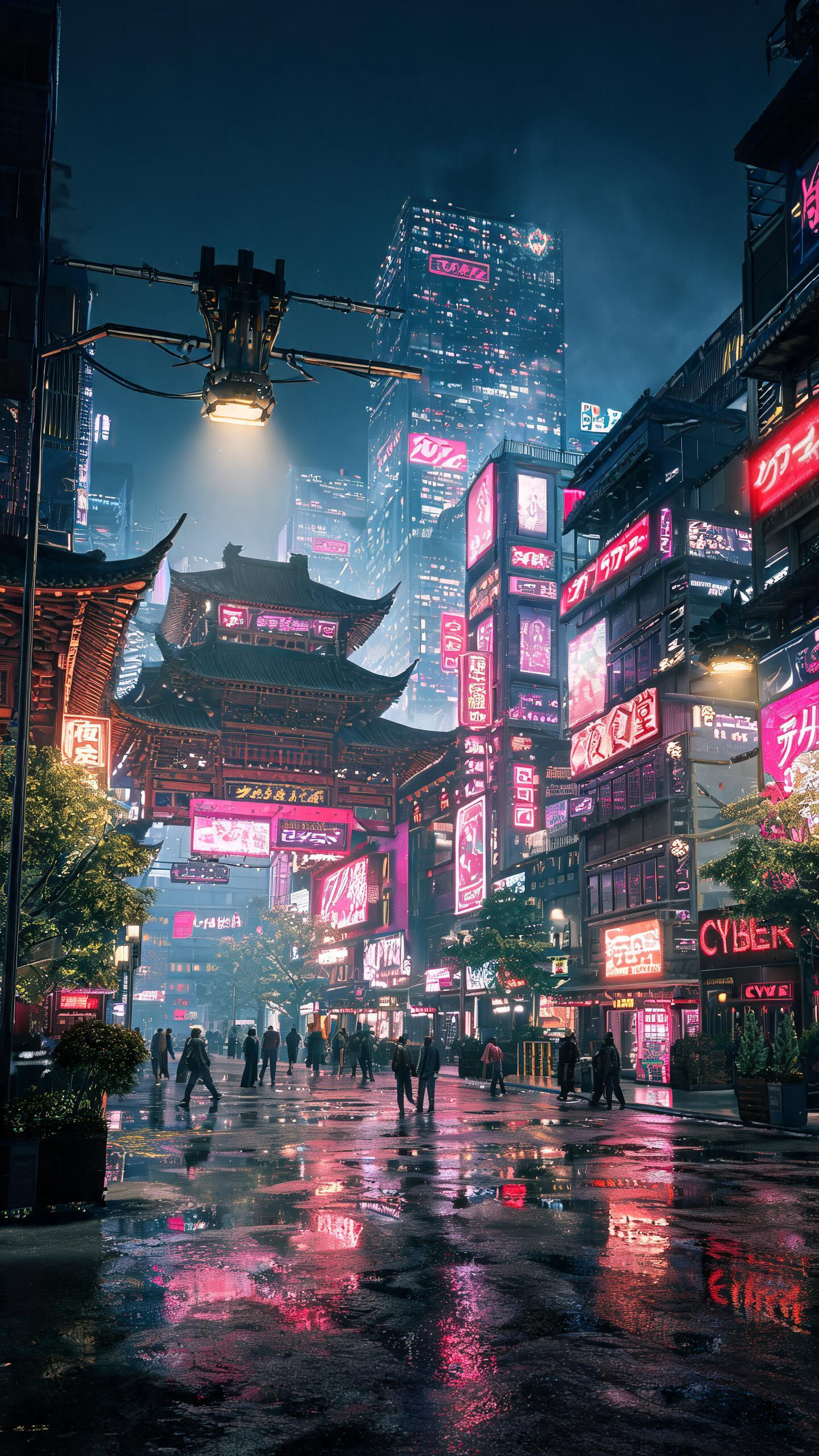 日式3D动漫渲染风格，电影级镜头，竖构图，低角度仰拍，UE5引擎渲染，OC渲染器，8K超清，极致细节，材质写实，景深效果，电影调色，氛围感夜景，体积光，暗调高级配色 赛博朋克繁华步行街，中式古风翘角建筑与赛博高楼融合，… - AI提示词参考图，来自西西提示词