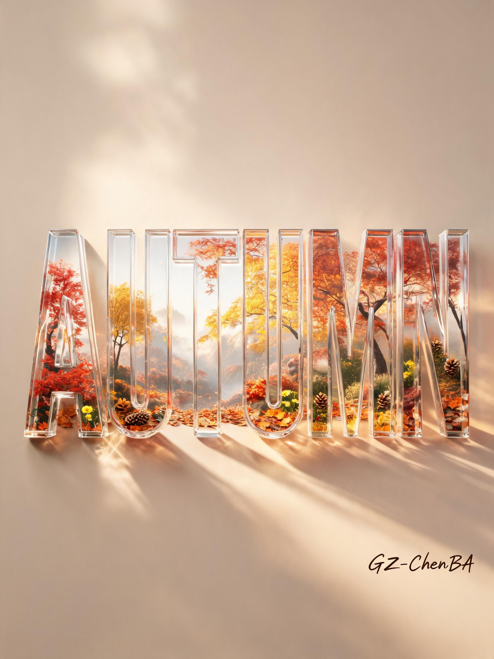 现代超写实风格 3D 艺术字母 "AUTUMN"，透明玻璃质感边框设计，内部嵌入秋日枫林山谷景观，包含红枫、银杏、金黄落叶、松果、野菊、薄雾，纹理细节极致丰富。整体以 8K 超写实标准渲染，运用 Octane 渲染器，… - AI提示词参考图，来自西西提示词