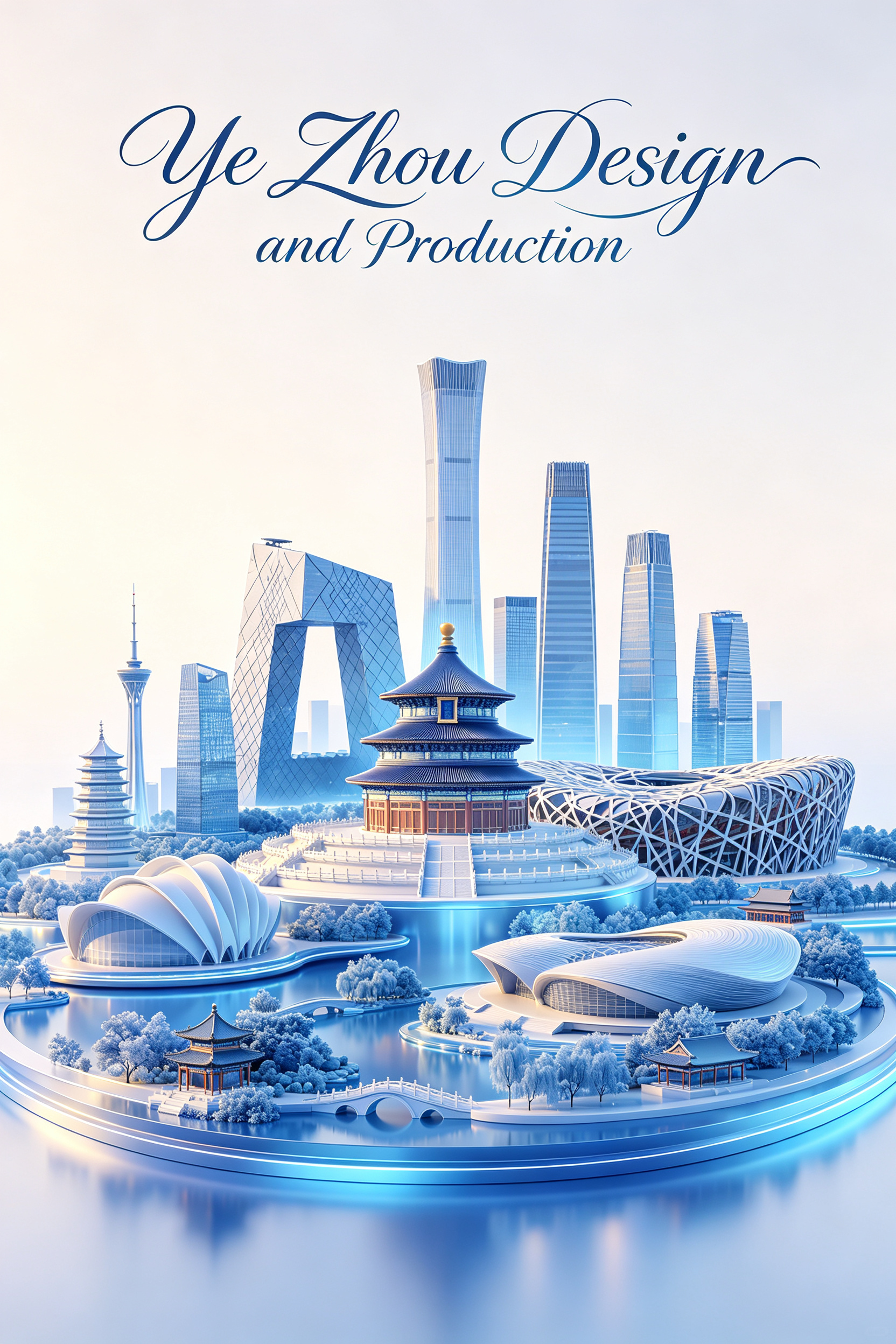 海报风格，矢量插图，磨砂玻璃材质，蓝白单色渐变，北京地标建筑群合集，有立体的天坛、立体的北京鸟巢、立体的其他著名建筑、立体的大兴机场、立体的中国尊、立体的国贸楼群、立体的雁西湖国际会议中心，立体的皇家园林，等地标建筑。… - AI prompt reference from CC Prompt Galaxy