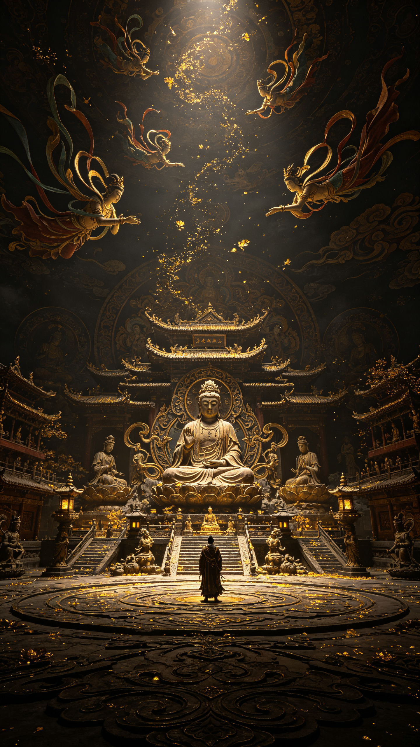 游戏cg，3d建模，敦煌文化主题场景，暗黑风，极繁主义，背景有飞天等敦煌元素，敦煌元素由上方开始铺开，营造出繁复华丽的氛围，整体风格富有艺术感与文化底蕴，3d渲染，高清晰度，大师杰作，极致细节 - AI提示词参考图，来自西西提示词