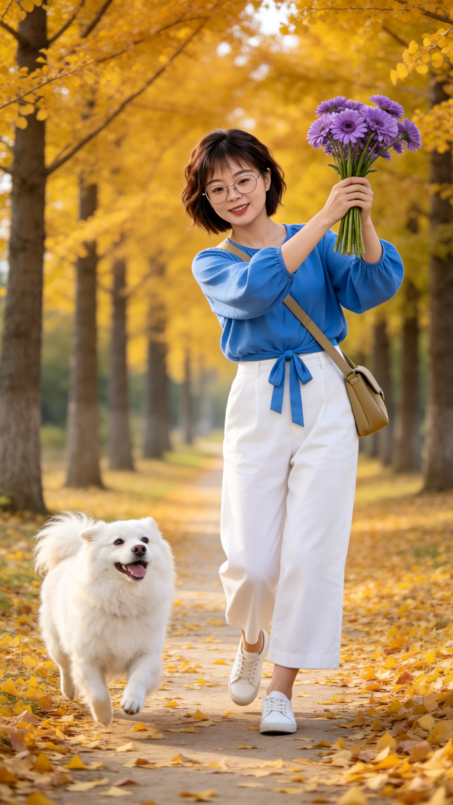##身穿精致红色带蝴蝶结系带的宽松上衣、白色阔腿裤，脚穿白色休闲鞋，不戴帽子，斜挎卡其色包，手拿鲜花，身旁有一只白色、毛发蓬松的小狗，欢快随行，表情可爱。 场景：春日的田间小道，道路及周围开满了各种小花，，阳光灿烂，整… - AI提示词参考图，来自西西提示词
