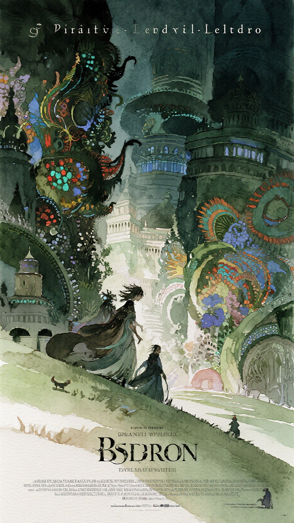 olivier ledroit 风格水彩插画 ，奇幻插画大师，奇幻风格电影海报插画，极繁主义，不对称构图。磨砂感、极具艺术感、震撼人心、视觉冲击力、半透明，颗粒感，晕染，传统色彩高饱和的融合对比碰撞来搭配，oc渲染，光… - AI提示词参考图，来自西西提示词