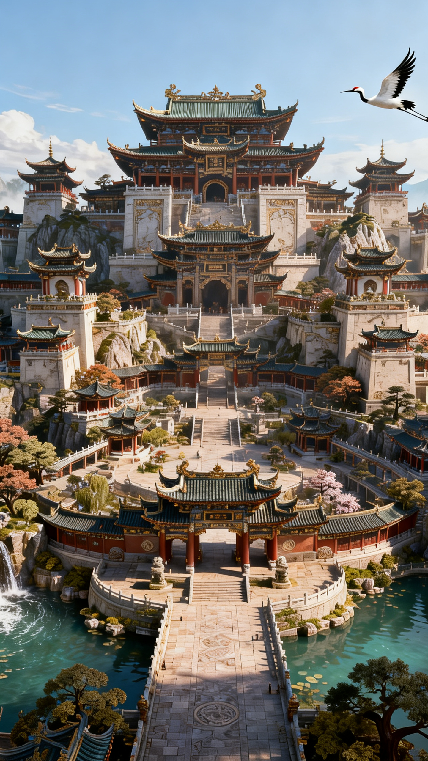 ##以极繁主义风格呈现的杰作，从正面仰视视角展现细节完美的3D建模国风古代大都市，采用航拍视角，尽显宏大。巨构建筑群，错落有致、不规则布局。有山有水有树有瀑布，建筑华美。整体画面有空间感，画面明亮，远处山云雾缭绕，有仙… - AI prompt reference from CC Prompt Galaxy