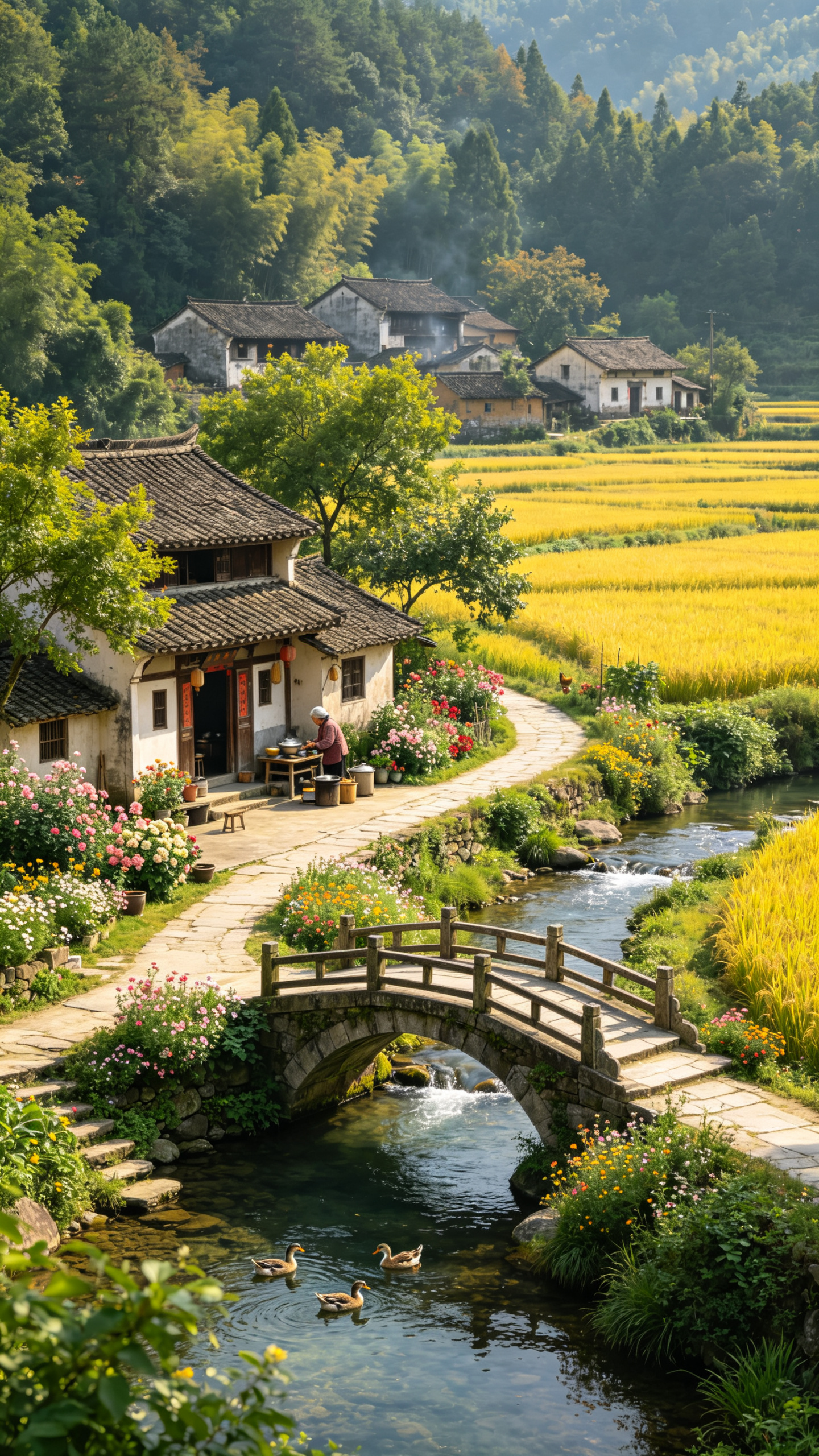 宁静祥和的乡村田园,远处错落有致的老房子隐身在森林中,近景,几间古朴房间坐落其中房前屋后繁花似锦,门口一片很大的开阔地带,绿树成荫,枝叶繁茂;门口宽阔,有一座雅致的石木小桥横跨潺潺溪流,溪水清澈见底流向远处,,缓缓流淌… - AI提示词参考图,来自西西提示词