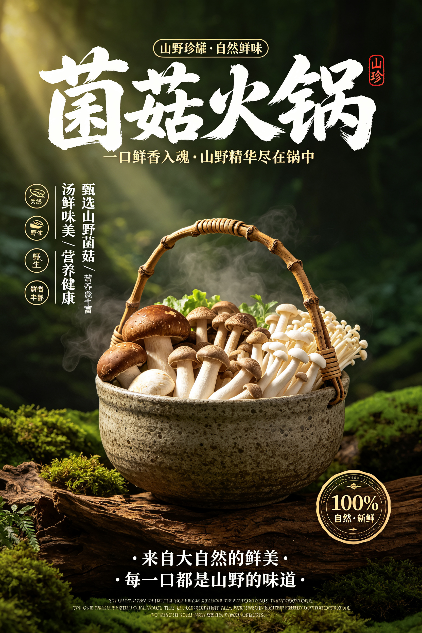 竖版暗调森系食材静物商业摄影，朦胧虚化深绿山林背景，柔和局部丁达尔暖光；粗陶石纹提篮搭配天然树枝藤编把手，篮内堆满多种新鲜野生菌菇：牛肝菌、平菇、白玉菇、香菇，淡淡热气升腾，底部铺腐木、苔藓，原生态山野氛围感； 文字元… - AI提示词参考图，来自西西提示词