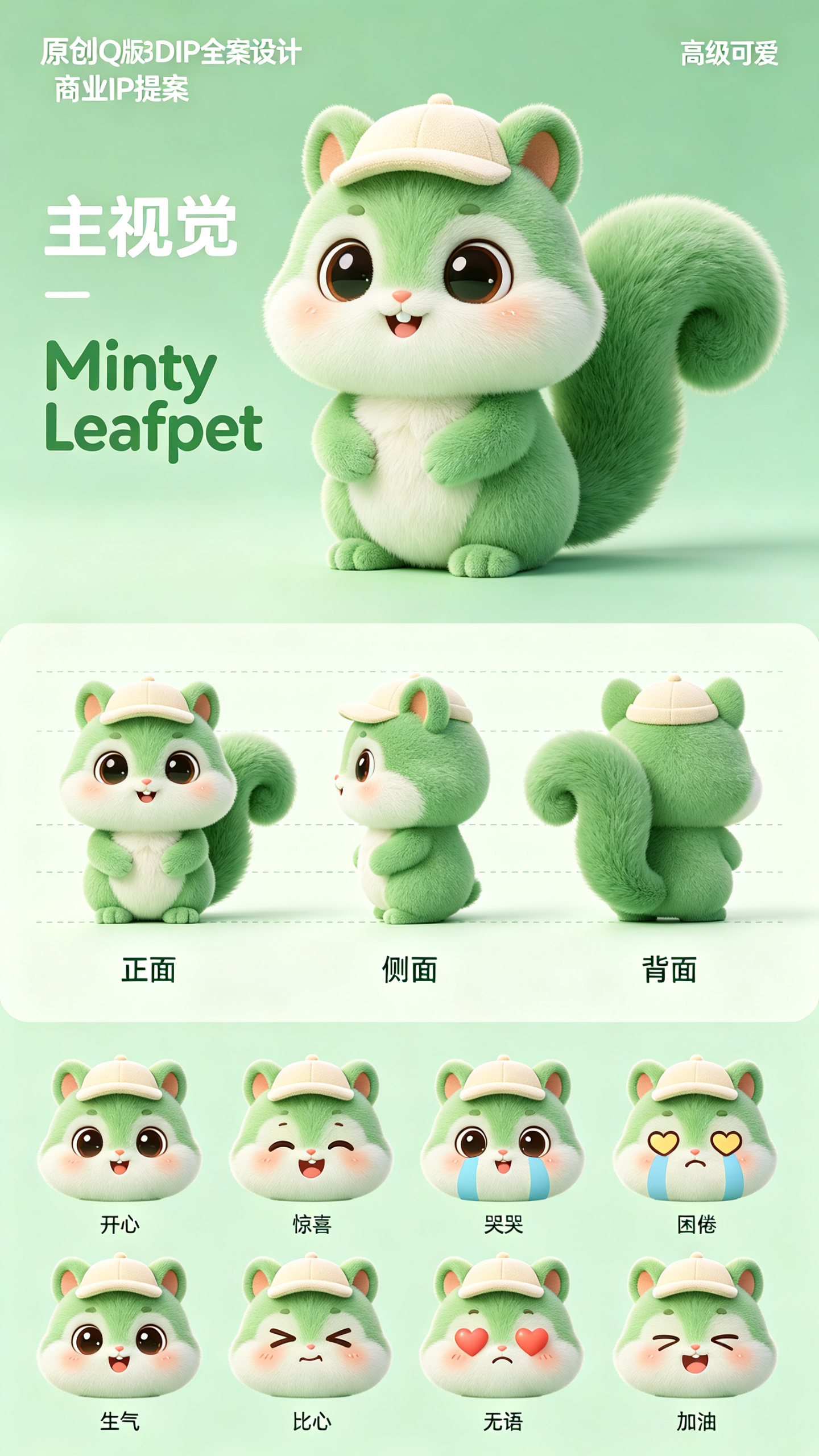 原创Q版3D IP全案设计海报，角色是一只薄荷绿色山狸，不是松鼠，圆脸大眼，戴奶油色软帽，尾巴像一片卷起的薄荷叶，软胶加绒毛质感。上半部分展示大主视觉和英文名 Minty Raccoon 可改为 Minty Leafp… - AI提示词参考图，来自西西提示词