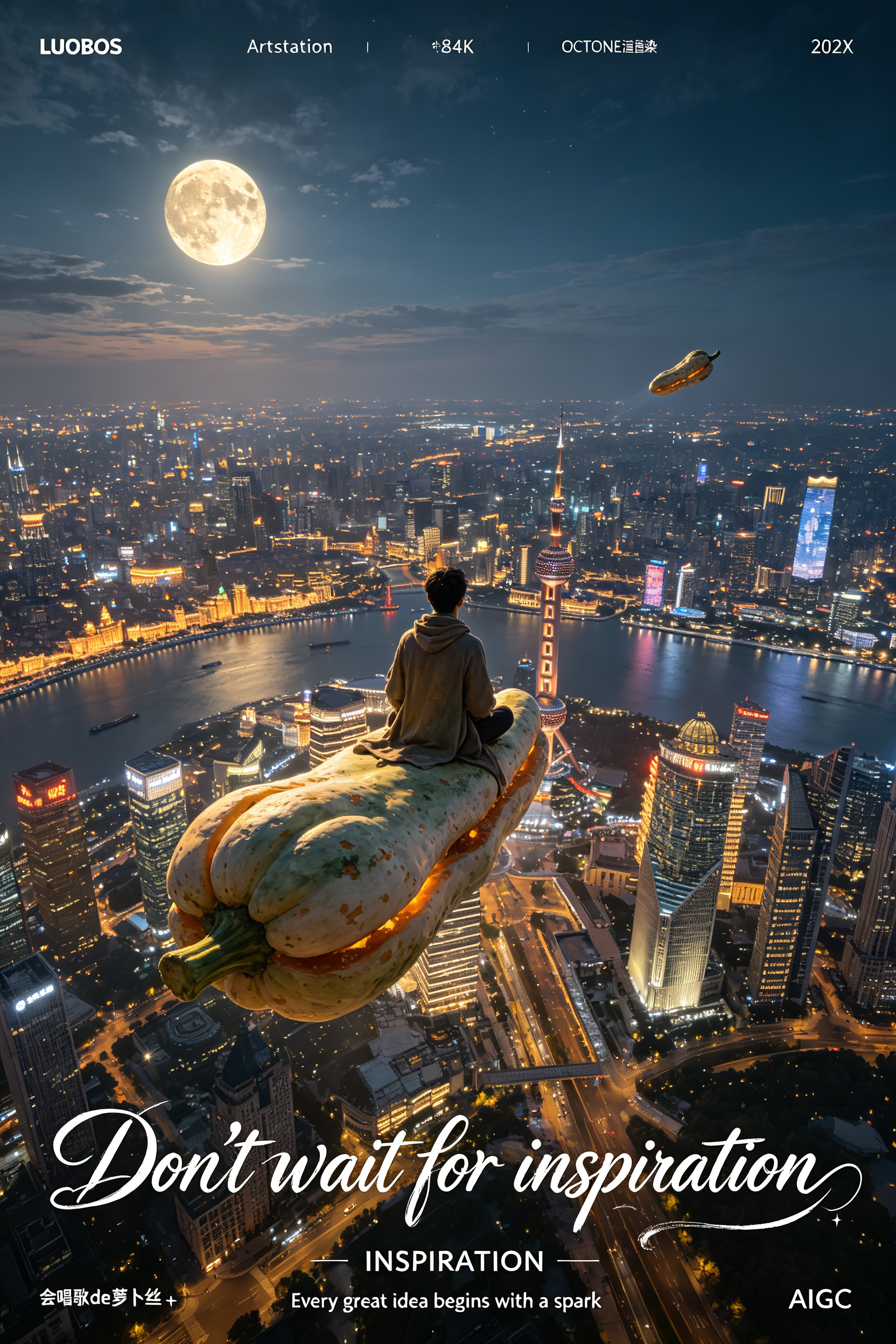 物体漂浮在上海城市上空，可以看到黄浦江，背对着镜头，很远处的空中是另一个物体对着它，鸟瞰视角，奇幻艺术风格，晚上，月亮很亮，城市灯火阑珊，超写实，概念艺术，采用Artstation的风格。全景极致的细节，Octane … - AI提示词参考图，来自西西提示词
