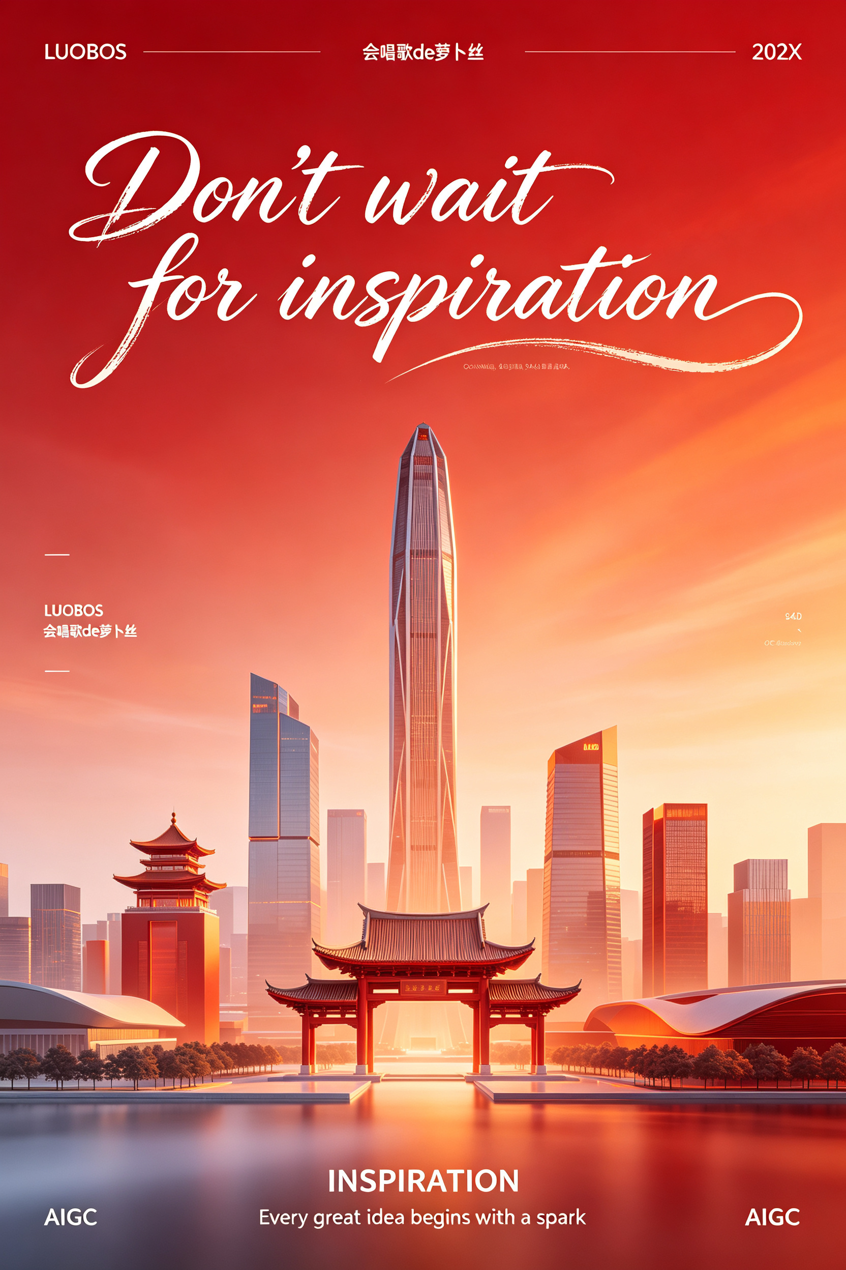 矢量插图，采用透明磨砂玻璃质感，红橙色炫彩渐变光效，融合深圳城市元素。画面展现现代都市景象，建筑具有科技感与结构美，包含深圳地标元素，象征文化与科技的融合。整体构图极简，红色背景，光线柔和而极致。采用数字艺术与C4D质… - AI prompt reference from CC Prompt Galaxy