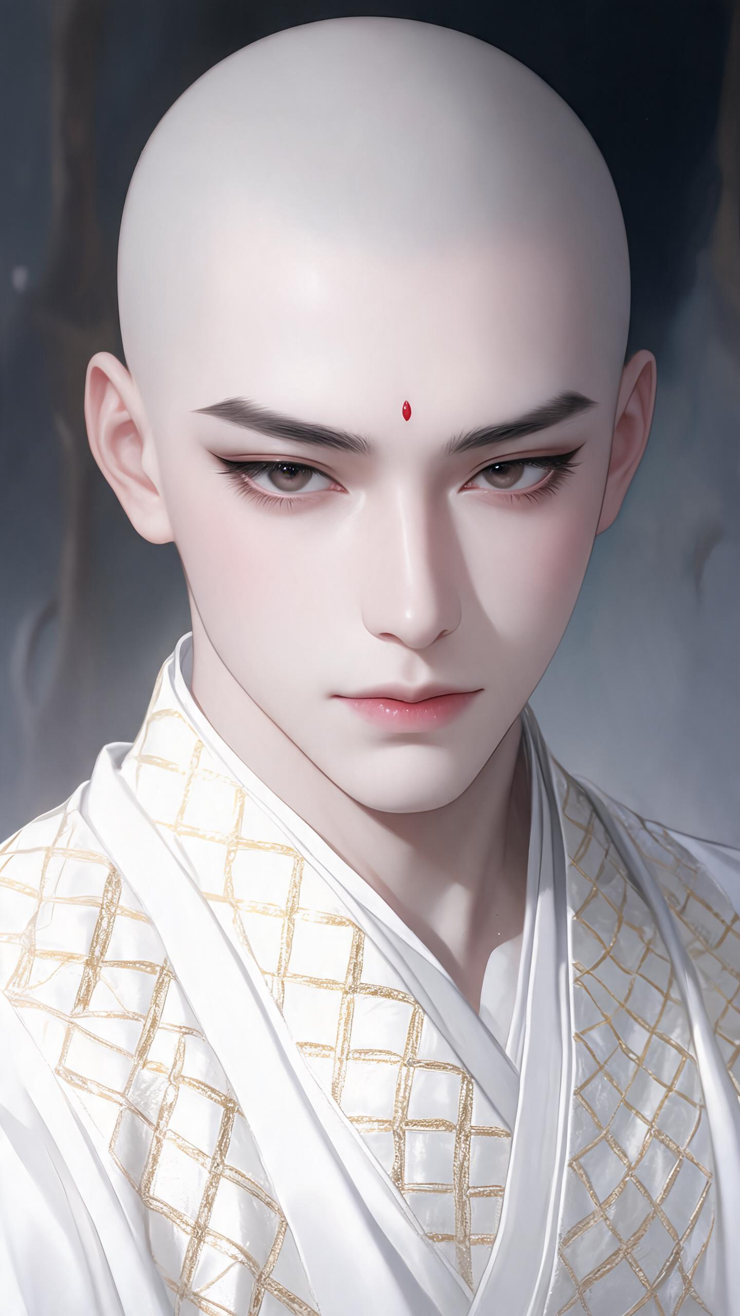 半身构图，逼真，绝美古装白+金线绣方格，玄幻古风插画，明暗对比，插画写真风格，冷白皮，和尚，光头美男子，头型完美比例，超高清，魅力，眉心一颗小小的朱砂痣，远山眉，花瓣唇，剑眉，丹凤眼，鹅蛋脸，双腮拖红，昳丽无双，五官精… - AI提示词参考图，来自西西提示词
