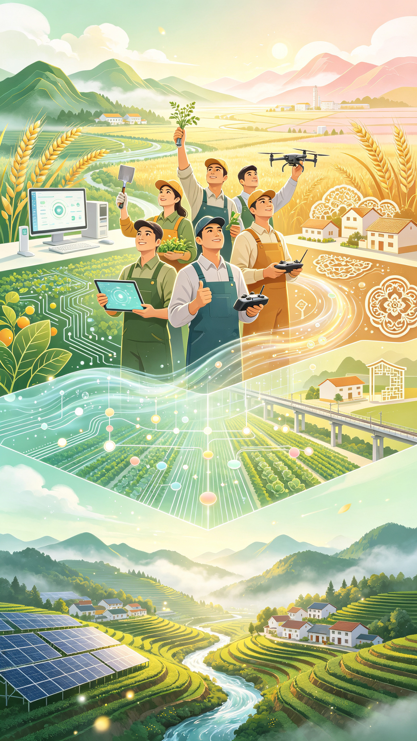 工作站乡村振兴与新农人才培养 风格：几何重构，中国日报插画风，简洁有设计感，线条柔和渐变，视觉冲击力强 色调：青山青绿、麦芽暖黄为主，点缀鎏金、奶白、浅桃粉，柔和通透明亮主体与构图：画面中心一群青年新农人、种植技术员、… - AI提示词参考图，来自西西提示词