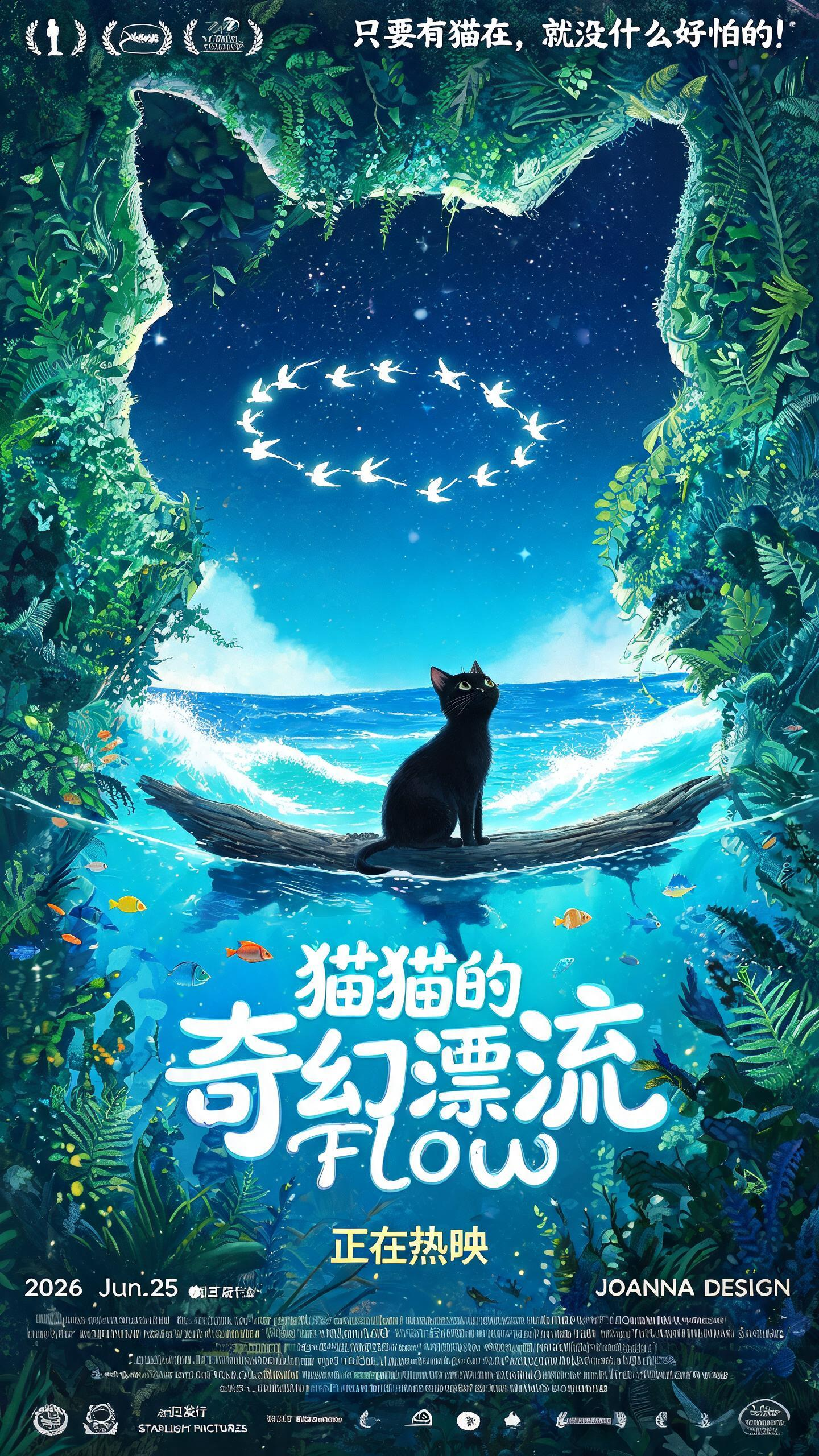 治愈油画纪录片动画电影海报，两侧茂密奇幻的绿植蕨类形成猫反轮廓框，洞口望向海面；黑猫附在木头漂流在水中下半身泡在水里，水里拍摄镜头60度仰视，黑猫看着空中盘旋的发光长尾白鸟（白鸟很小在夜空下形成一个圈），水中各色鱼类，… - AI prompt reference from CC Prompt Galaxy