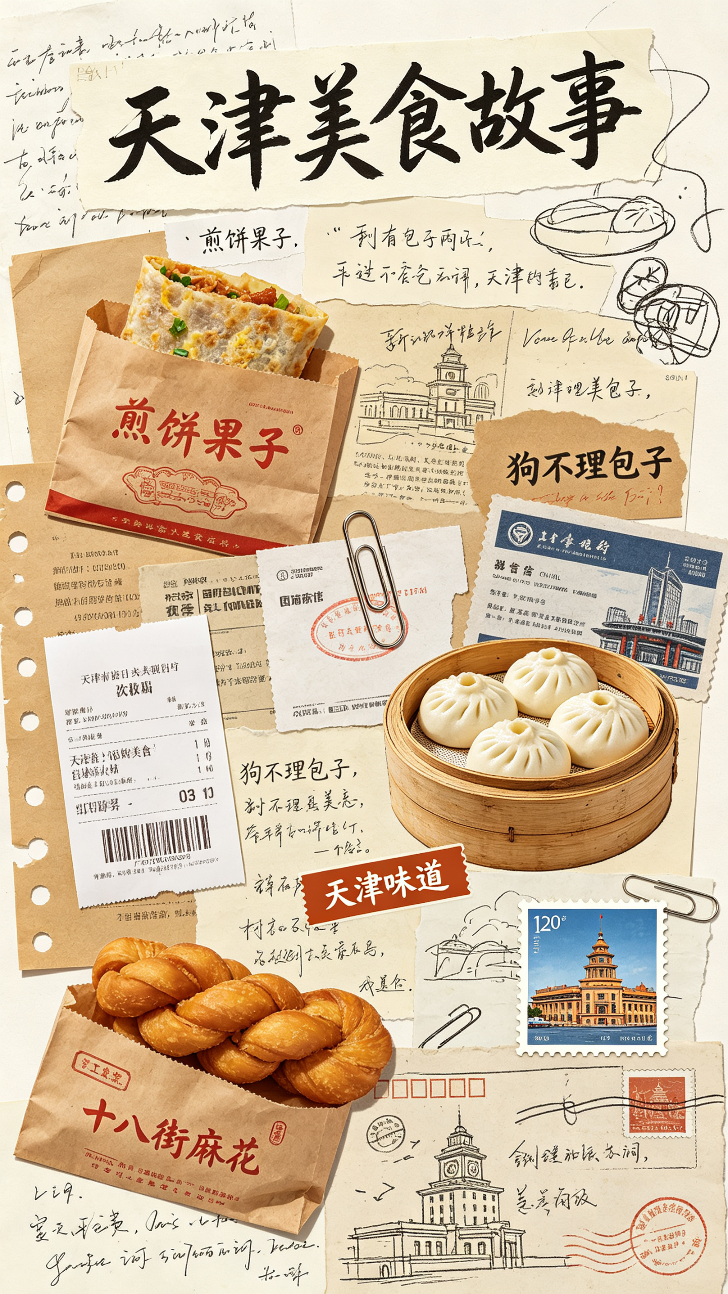 手绘加拼贴，天津美食故事，以当代日常生活为灵感的拼贴风格艺术品。食品包装袋纸，打孔收银小票，门票，杂志撕纸，回形针，邮票，明信片，线，贴纸，涂鸦线稿，手写笔记，分层构图，多种纹理的纸张，艺术编排、手工美学，拼贴，创意组… - AI提示词参考图，来自西西提示词
