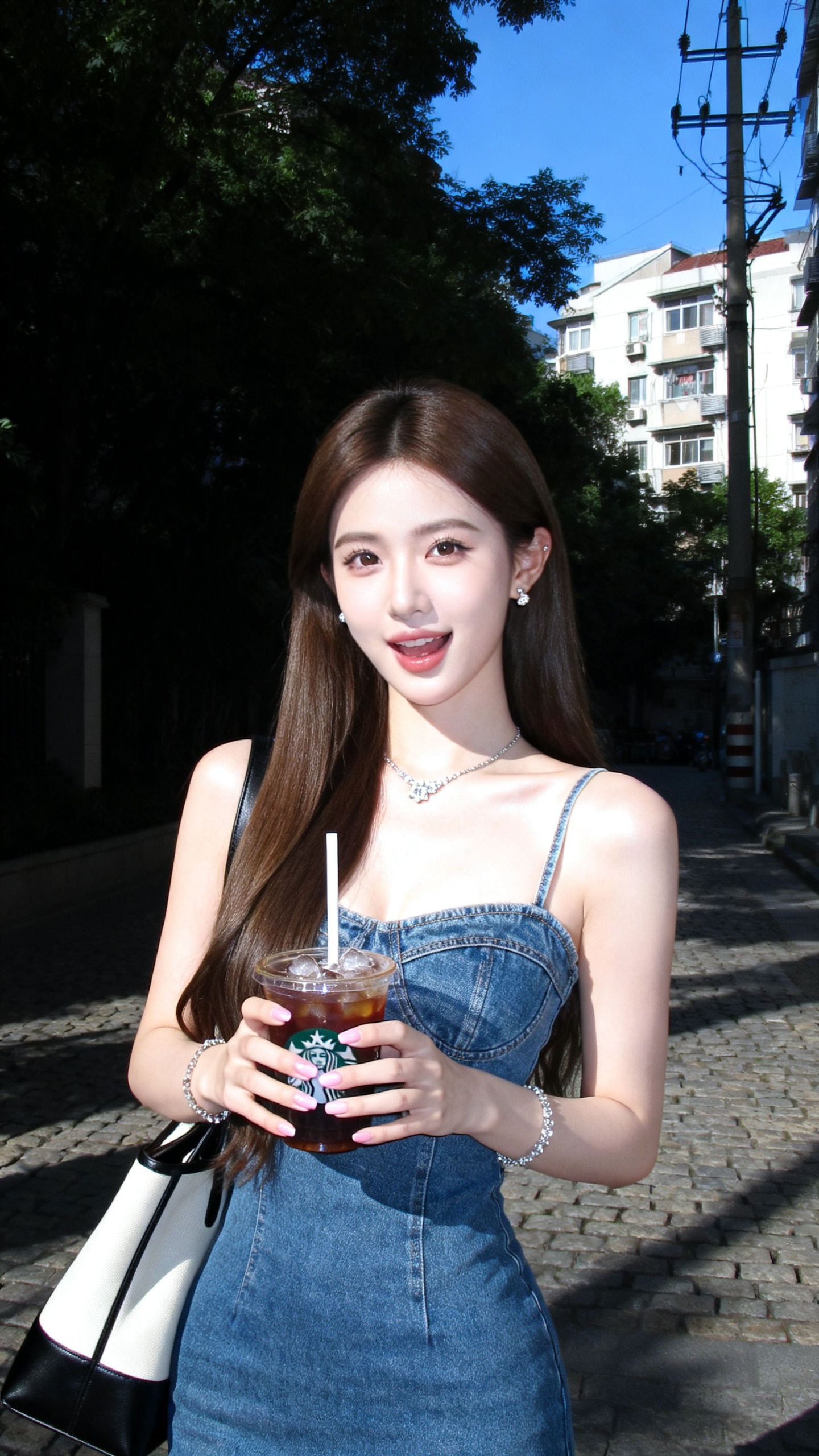 一位长发直顺的年轻女性李诗琦，身穿蓝色牛仔吊带裙，沙漏型身材，手持透明杯装星巴克冰咖啡，面带自然微笑，指甲涂有浅粉色美甲，肩背黑白拼色手提包，城市街道户外场景，有绿树、居民楼、电线杆和蓝天，地面是石板路，阳光明媚,日系… - AI提示词参考图，来自西西提示词