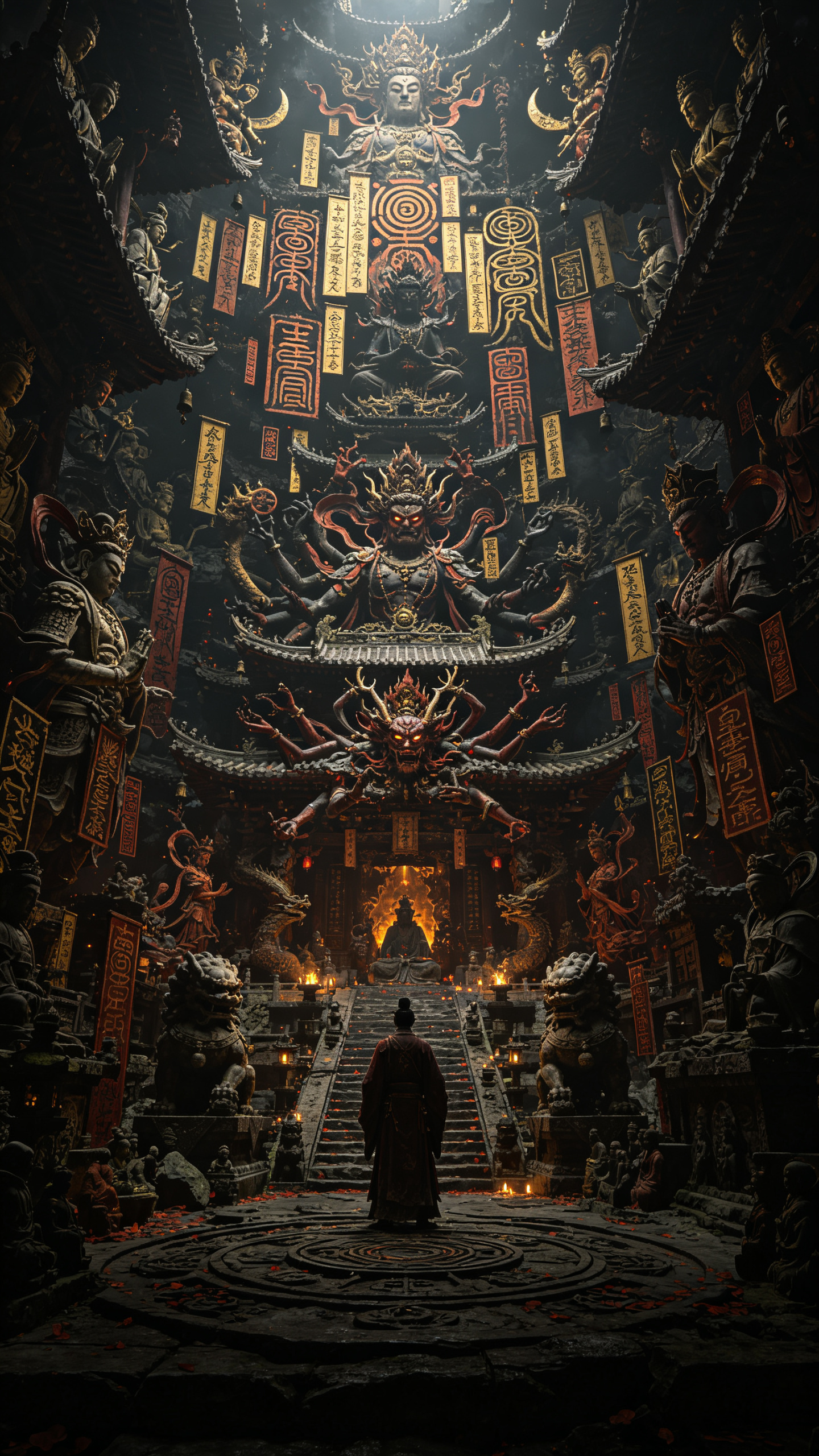 游戏cg，3d建模，道教文化主题场景，全景，暗黑风，极繁主义背景，有符箓、邪神等道教元素，道教元素由上方开始铺开，营造出阴森压抑的氛围，强烈的眩晕感，整体风格富有艺术感与文化底蕴，3d渲染，高清晰度，大师杰作，极致细节 - AI提示词参考图，来自西西提示词