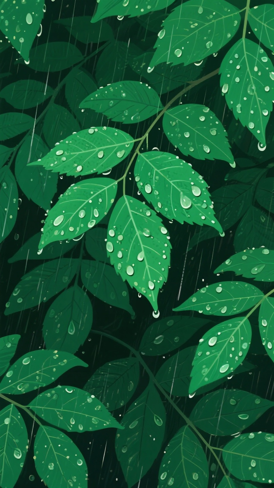 彩描：护眼壁纸，绿色，有雨滴的深绿色的柯叶，全图都是树叶 - AI prompt reference from CC Prompt Galaxy