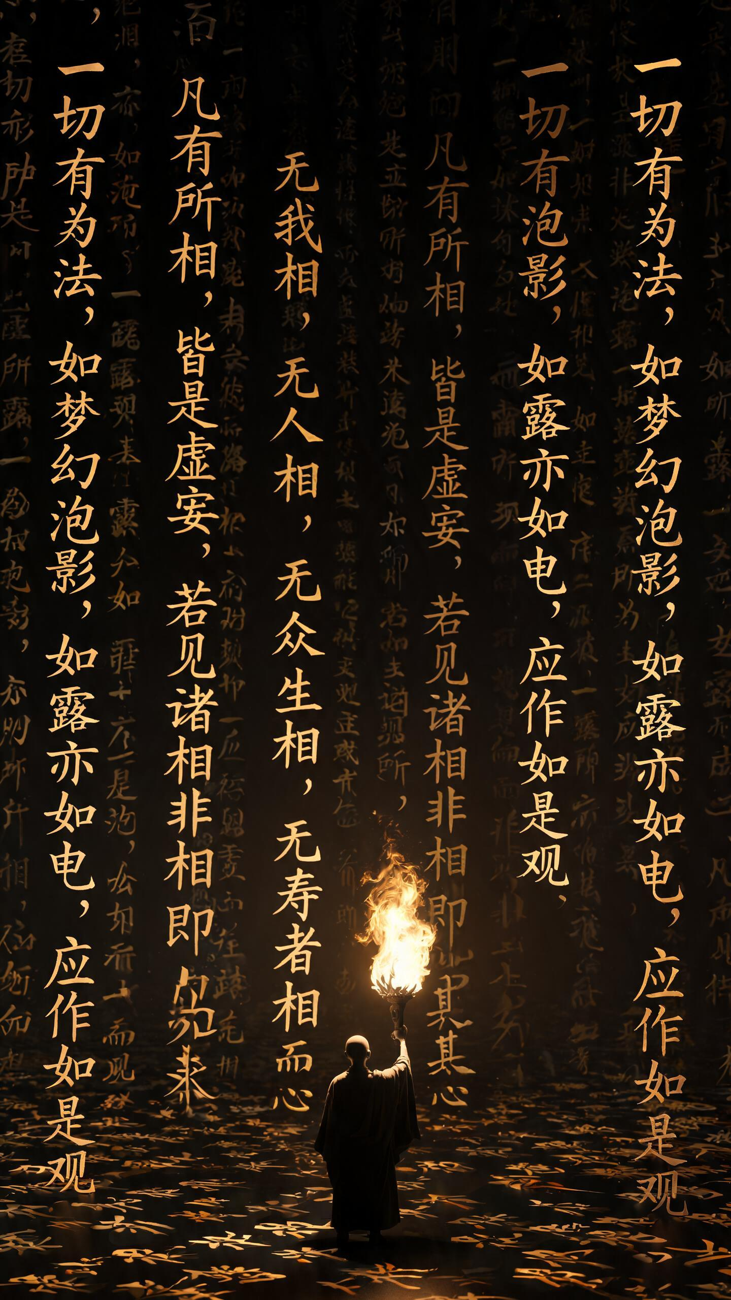 渺小的古装僧手举巨大的火炬物剪影，面对着虚化缥缈的书法字飘於空间，抽象艺术，无窮无盡，密密麻麻“‌“一切有为法，如梦幻泡影，如露亦如电，应作如是观”‌ ‌“凡有所相，皆是虚妄，若见诸相非相，即见如来”‌ ‌“无我相，无… - AI提示词参考图，来自西西提示词