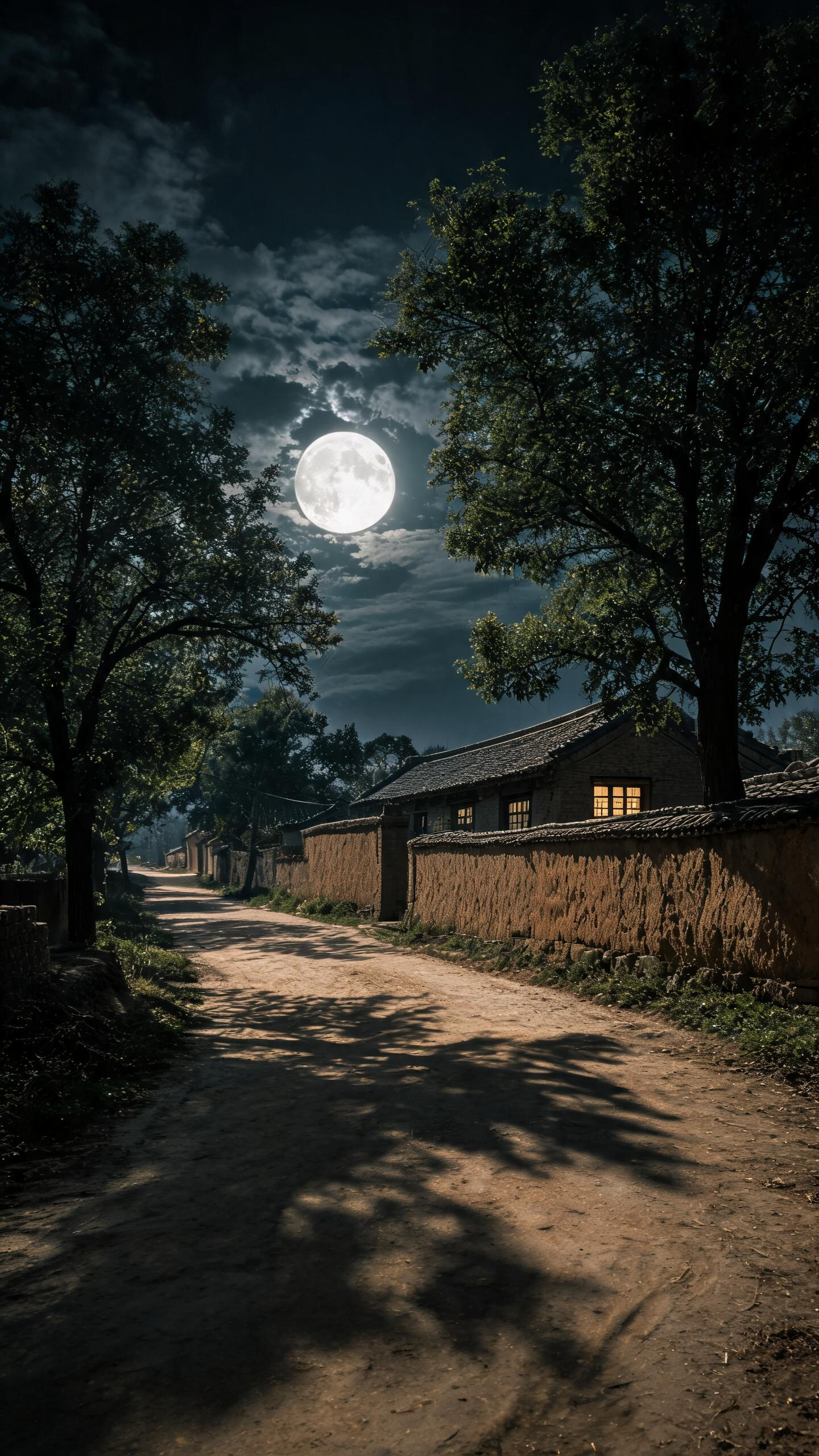80年代农村夜景，土质围墙，瓦房，道路两边年都是大树，天空中月亮又亮又大又圆，像探照灯一样照下树木，树木的影子投射到路面上，天空中有云层，暗黑色系画面，画面带着怀旧氛围，中景。最高清，最逼真。实景。 - AI提示词参考图，来自西西提示词