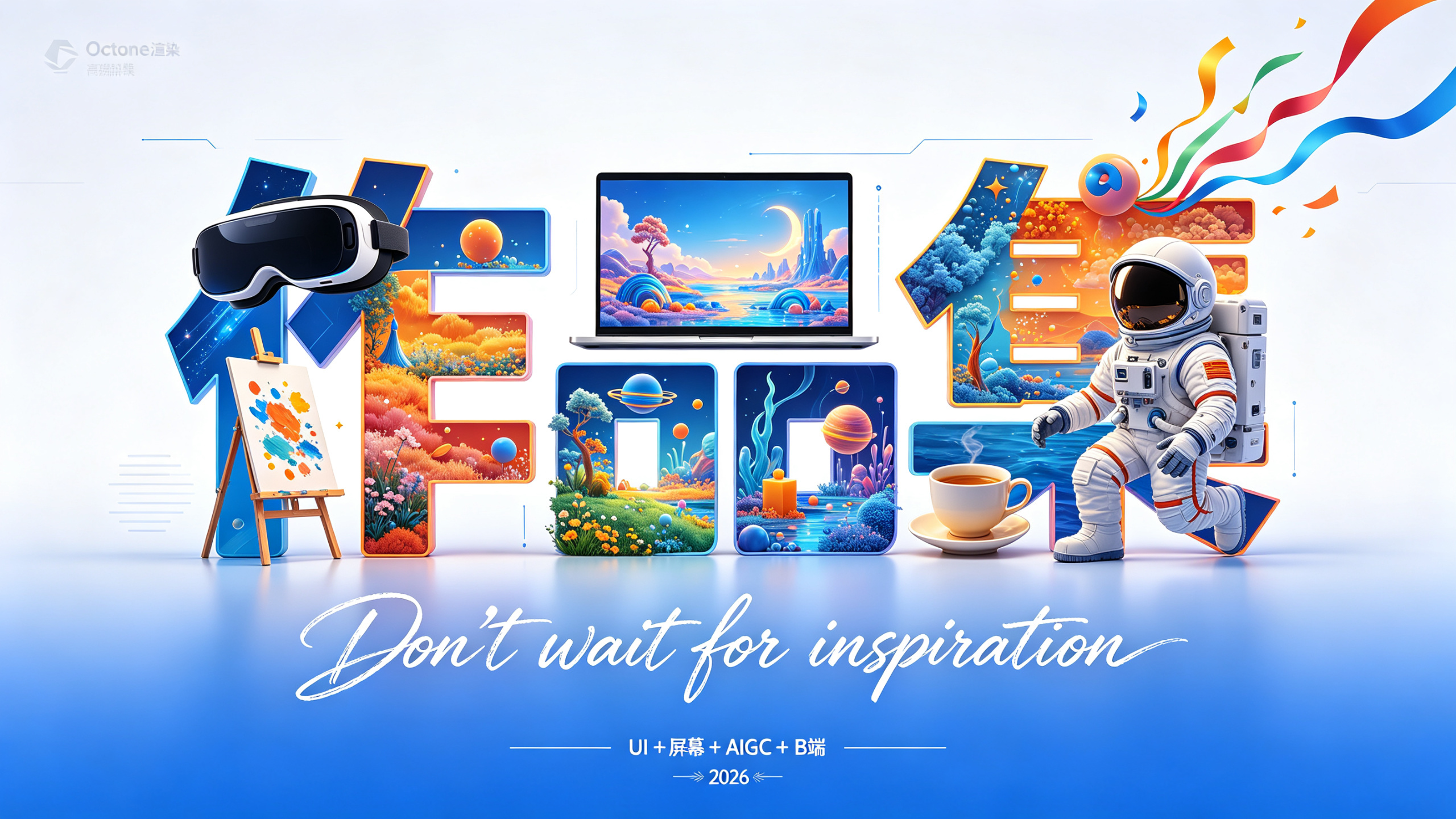 一个设计感十足的作品集宣传海报，以科技蓝白色为背景，突出“科技元素设计”的主题。画面中心是一个由各种设计元素构成的“作品集”LOGO，每个logo的组成部分都充满了创意，包含虚拟现实眼镜、画板、电脑、茶杯、宇航员和各种… - AI提示词参考图，来自西西提示词