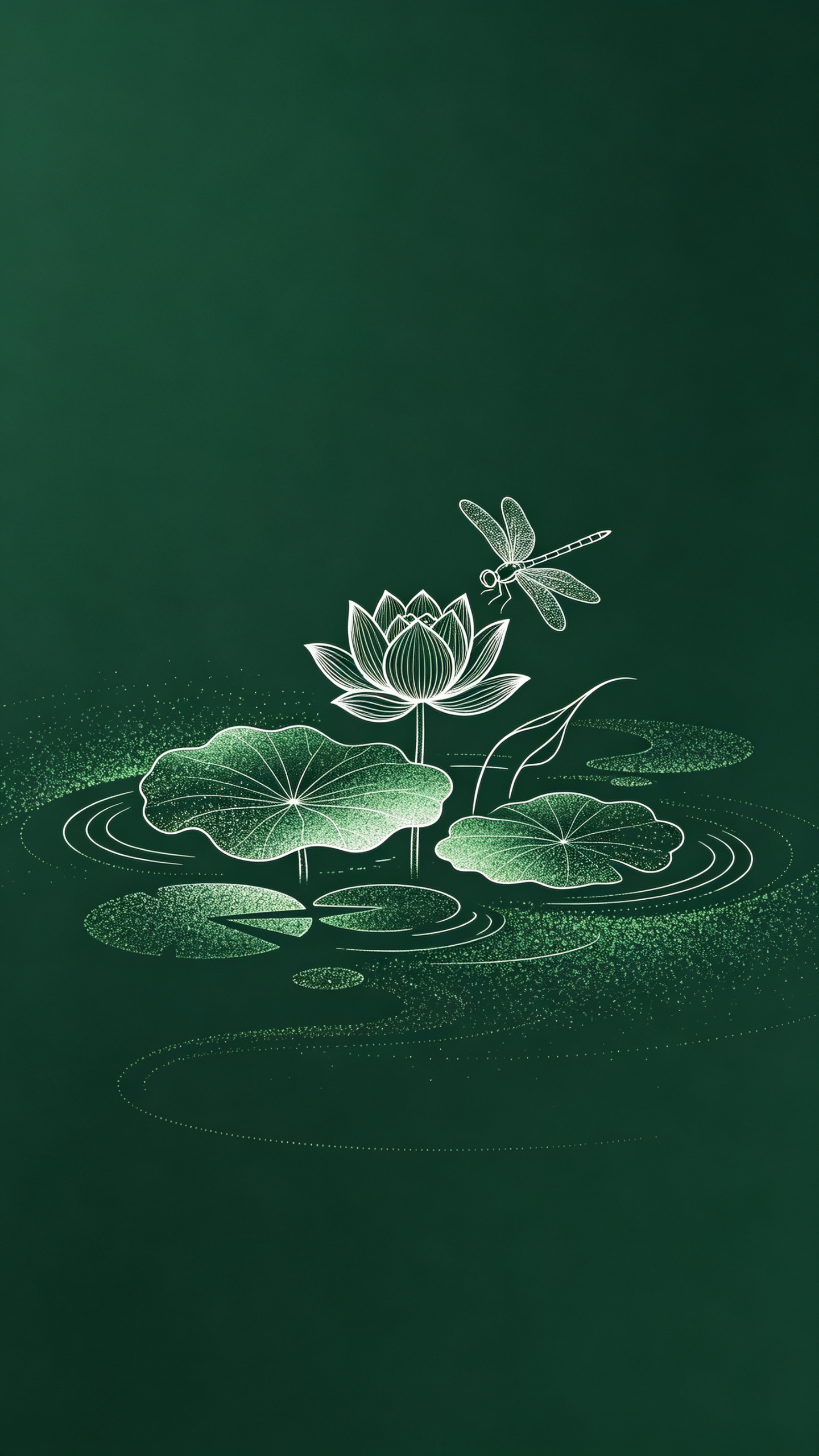 以深绿色背景为主色调平面图，沉稳高级，白色与深绿色渐变粒子线条形成：缩小版的优美简约的荷花荷叶池塘、蜻蜓、体态线条，抽象，营造轻奢、精致质感，强调稳定与聚焦，上下大面积留空，风格偏向商业美学。 - AI提示词参考图，来自西西提示词