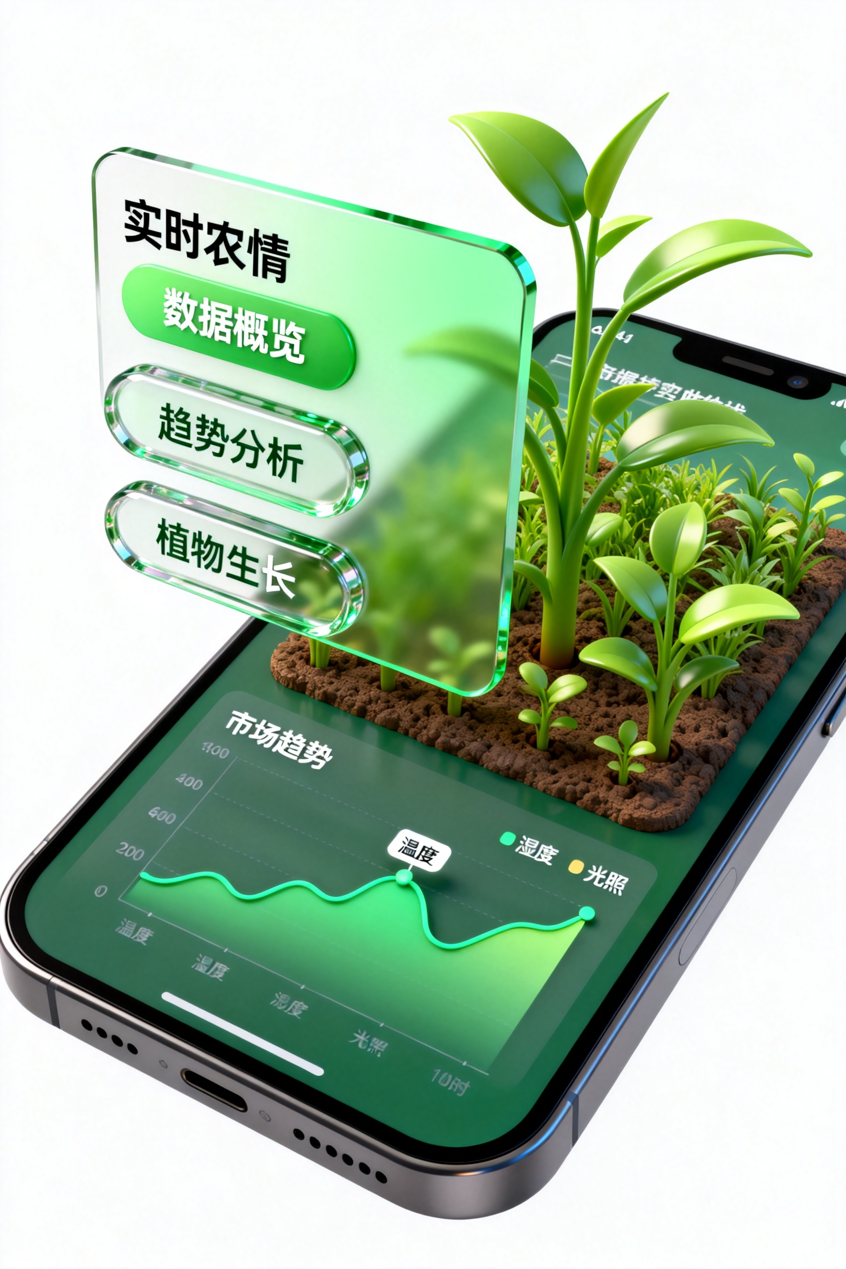 科技农业APP手机UI设计，C4D风格高级UI，3D立体数据图表，绿色渐变界面，悬浮卡片设计，玻璃拟态按钮，动态植物生长显示，市场趋势曲线图，纯白色背景，杰作，高细节 - AI提示词参考图，来自西西提示词