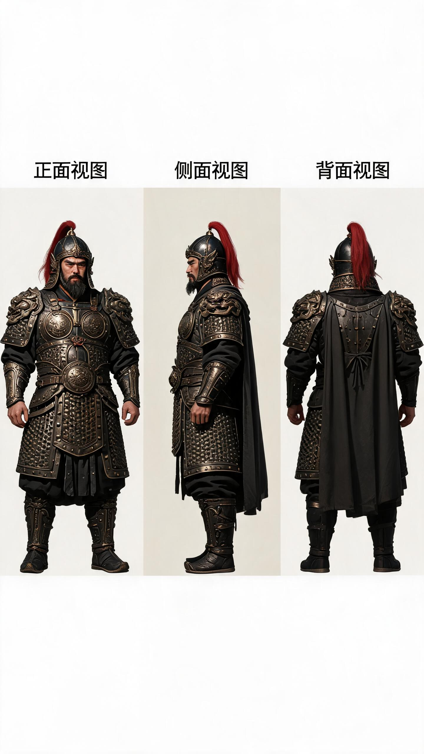帮我生成一个古代战将三视图，男性，四十岁左右，身高八尺，虎背熊腰，身披铠甲头戴战盔 - AI提示词参考图，来自西西提示词