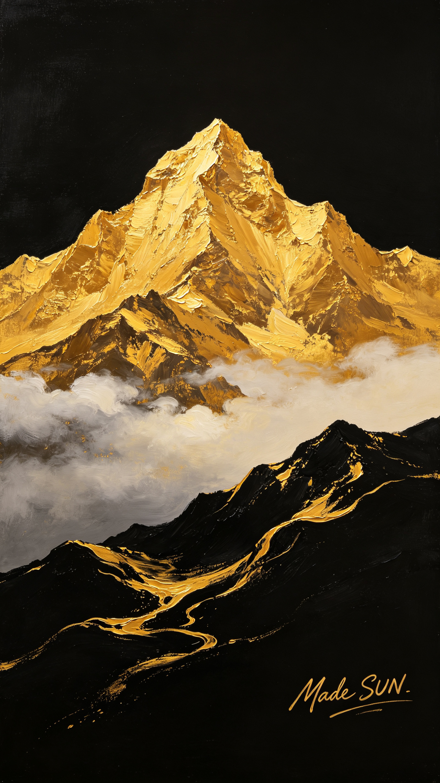 一座气势雄伟的金色山脉，山峰独居画面中央，山峰下云雾缭绕，下方黑色山脉用金色的丝滑的线条点缀，大面积黑色背景，大面积留白，大师级构图，逼真的效果，超高清细节，8K高清，干净的背景，右下角手写体英文字母Made SUN” - AI prompt reference from CC Prompt Galaxy