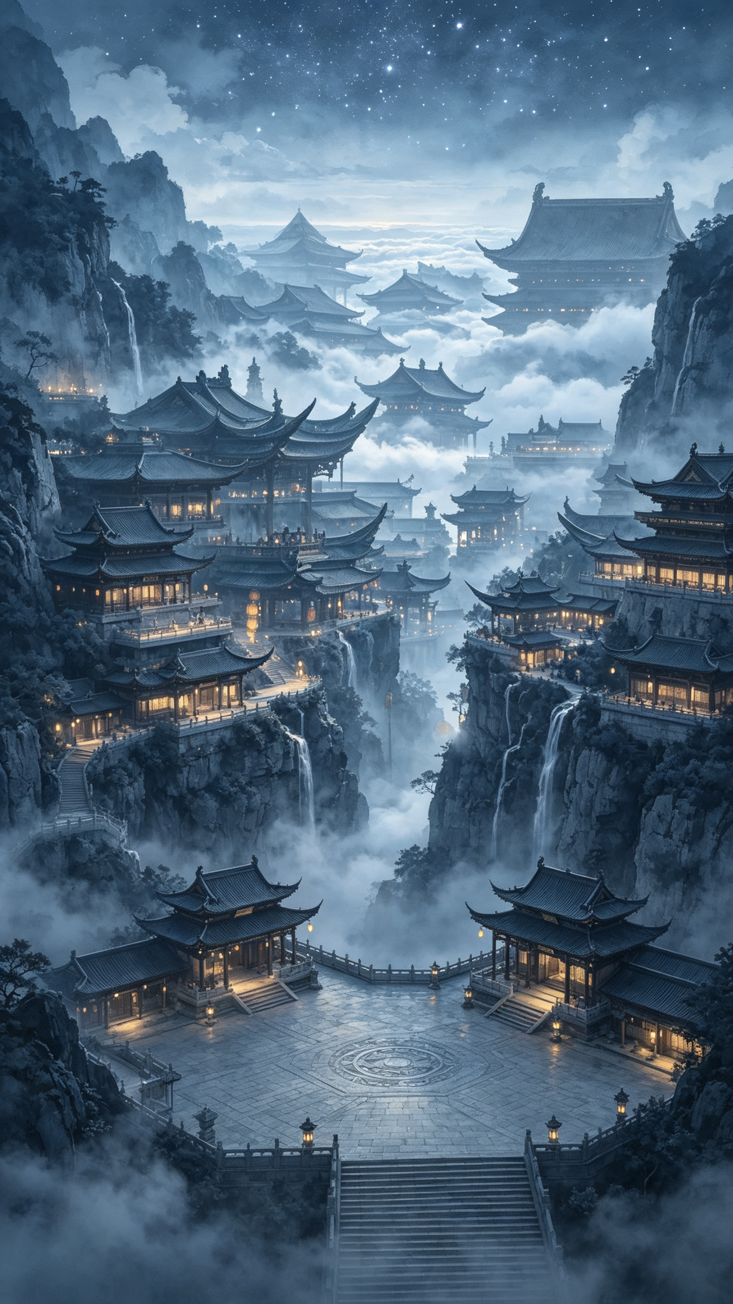 ##用现实中国水彩画风格，暗灰蓝色的色调。未来中国古风悬崖山城，建筑群依天然石壁层级而建，风格古朴典雅、形态错落灵动，种类丰富，自山麓至峰顶皆有楼阁。整体布局暗合风水原则：背山面虚，藏风聚气；建筑轮廓顺应山势龙脉，重要… - AI提示词参考图，来自西西提示词