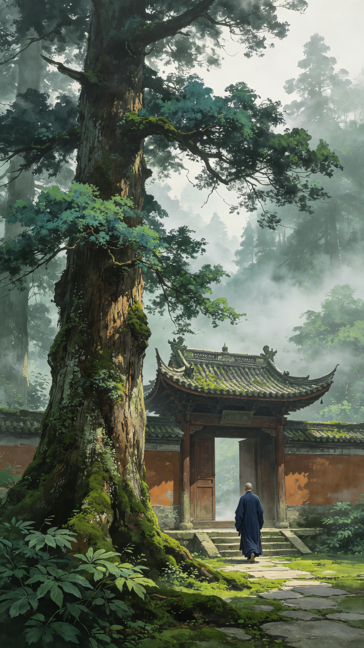 核心元素为古寺幽林景致：前景立巨杉（树干纹理粗犷、附苔藓，枝叶层叠苍绿），侧旁显中式古寺门（飞檐瓦顶、木门石阶），一着深蓝僧袍者背身趋门而行；地面铺苔藓石板路，衬阔叶植被。 绘画技法为数字写意渲染：以细腻笔触刻画巨杉纹… - AI提示词参考图，来自西西提示词