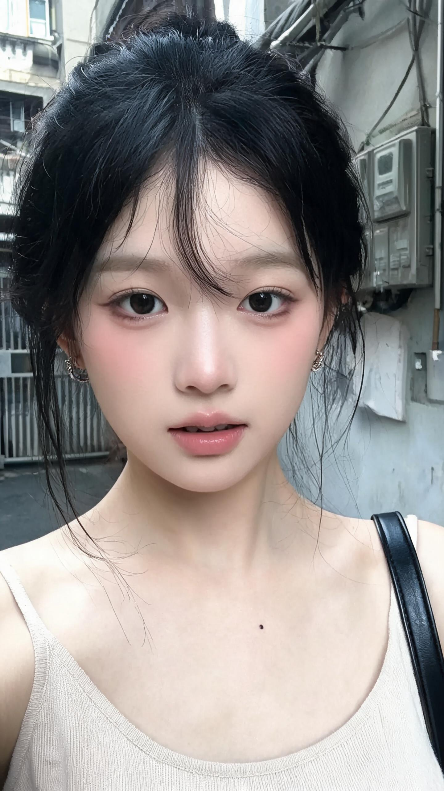 这是一张iPhone随手抓拍的日常快照，构图随意简陋，画面主体为二十多岁中国女性，直筒匀称身材，标准头身比，骨架纤细单薄，体脂柔和无硬朗肌肉；鹅蛋脸型，面部骨骼线条柔和，软组织饱满，皮肤带有细微浅淡毛孔保留真实质感，乌… - AI提示词参考图，来自西西提示词