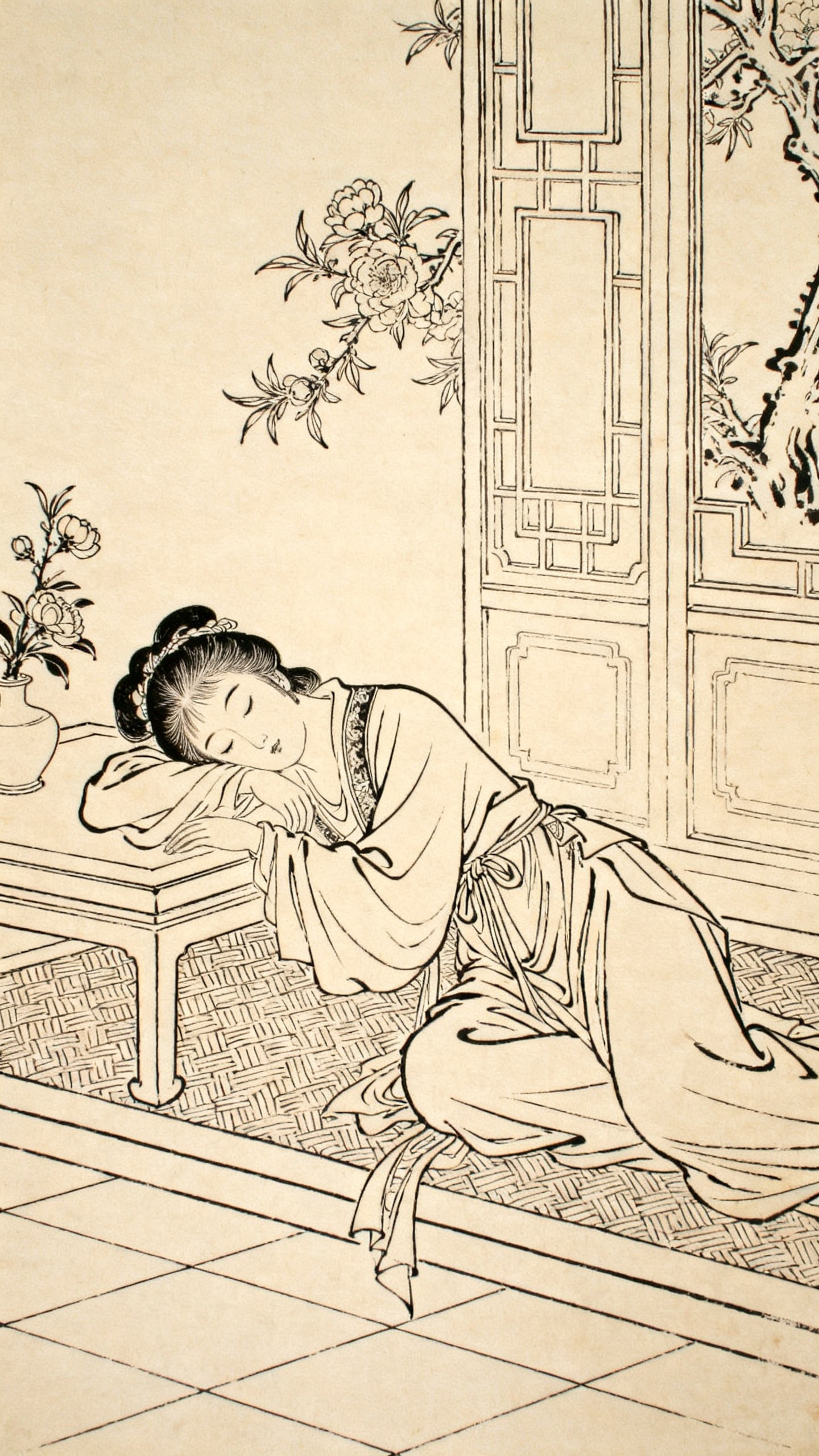 一幅传统明式书籍版画风格插画，以木刻线条勾勒场景，湘雲醉酒，睡臥海棠的场景，用流畅、精准的线条，勾勒轮廓、表现结构，无设色，靠线条疏密、曲直塑造形态，传递出宁静、含蓄的文人生活意境 - AI提示词参考图，来自西西提示词