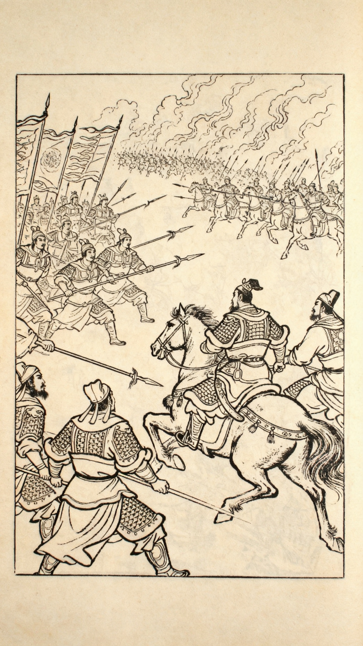 一幅传统明式书籍版画风格插画，以木刻线条勾勒场景，表現武王伐紂的場景，用流畅、精准的线条，勾勒轮廓、表现结构，无设色，靠线条疏密、曲直塑造形态，传递遼闊烽煙的戰鬥氣氛。 - AI提示词参考图，来自西西提示词