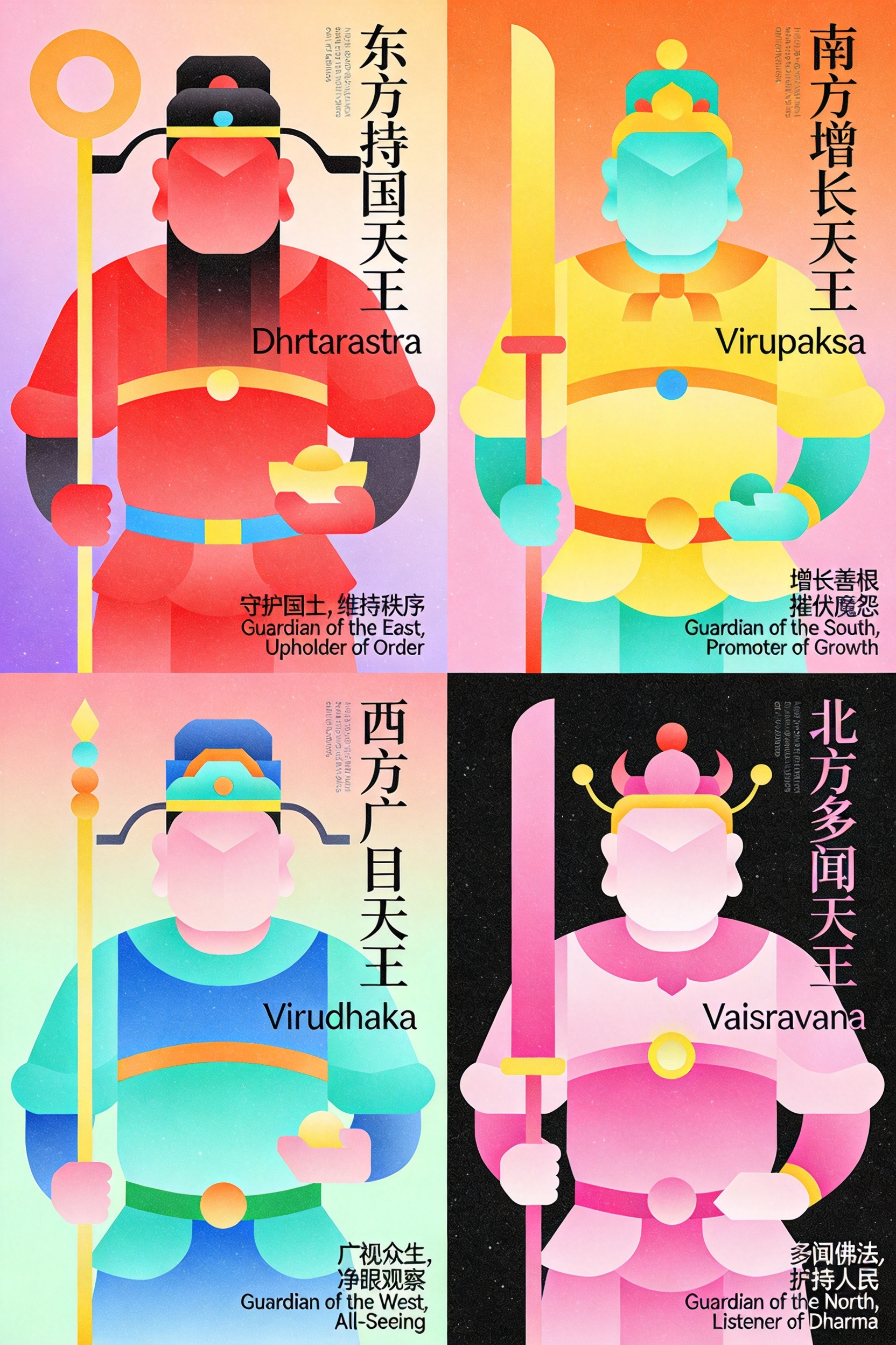 平面设计，粒子颗粒构成一套4张系列化现代几何扁平风格插画，主题为四大天王，四大天王个性海报画面采用高饱和度渐变色彩，以红、黄、青、粉为主色调，人物造型为极简几何块面构成，无写实细节，带有装饰性渐变与透明叠加效果。每张插… - AI提示词参考图，来自西西提示词