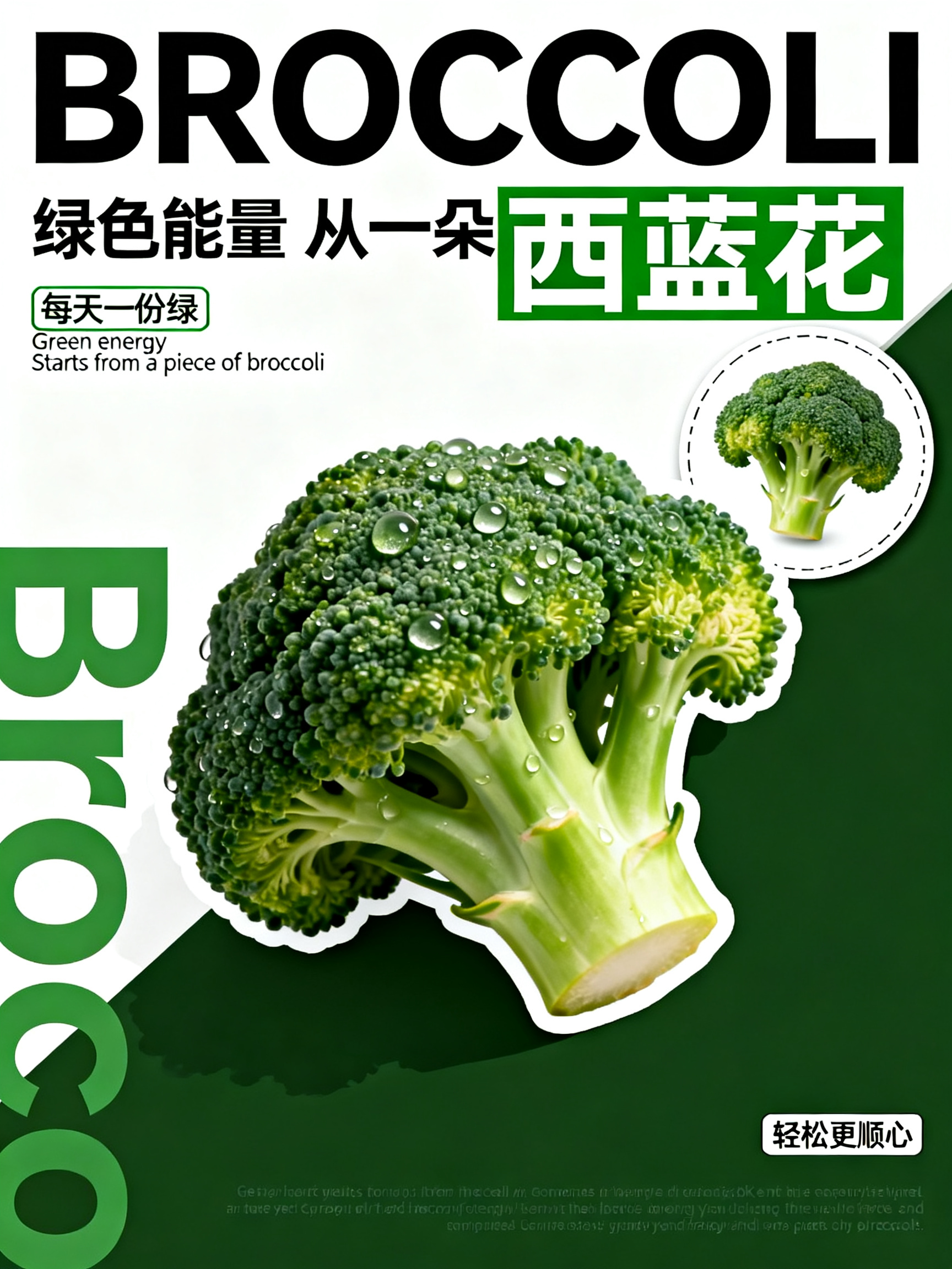 简约生鲜蔬菜海报，纯白 + 深绿色撞色背景，ins 清新美食平面设计，2 颗新鲜带水珠的西蓝花，白色描边贴纸抠图效果，一颗大西蓝花居中前景，一颗小西蓝花放在右侧白色圆形边框内； 顶部粗黑体英文大写 BROCCOLI，大… - AI提示词参考图，来自西西提示词