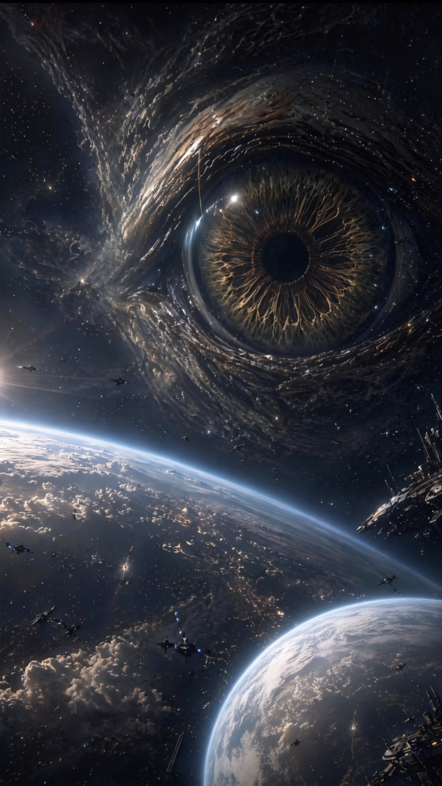 ##科幻电影风格。星空中有一枚巨大的眼睛，与周围的星空融为一体，正在观测地球，屏幕的右下角为一部分地球的画面。 - AI提示词参考图，来自西西提示词