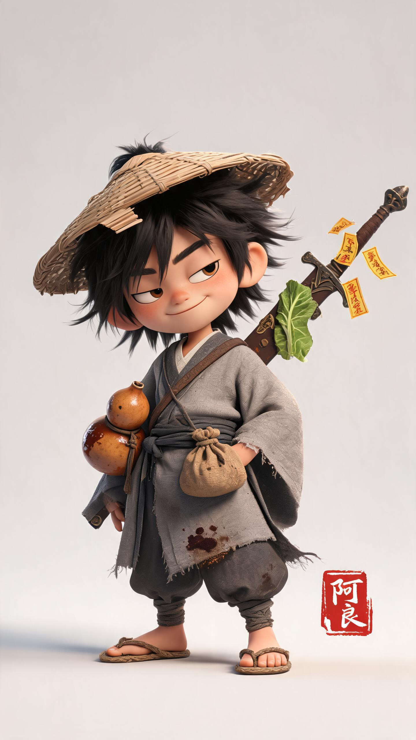 在Q版3D皮克斯风格的画面里，站着个活脱脱从潦草堆里拎出来的浪荡剑客——正是那个狗日的阿良。他那一头乱发跟被雷劈过又让风吹了三宿似的，几缕碎发黏在额角，活像刚从草垛里滚出来。歪戴着斗笠，斗笠边缘还缺了个口子，斜挎着酒葫… - AI提示词参考图，来自西西提示词